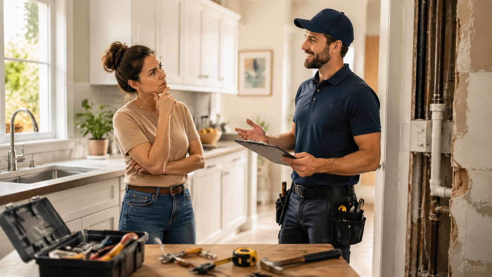 A professional contractor discusses home repairs with a female homeowner in a kitchen under renovation.