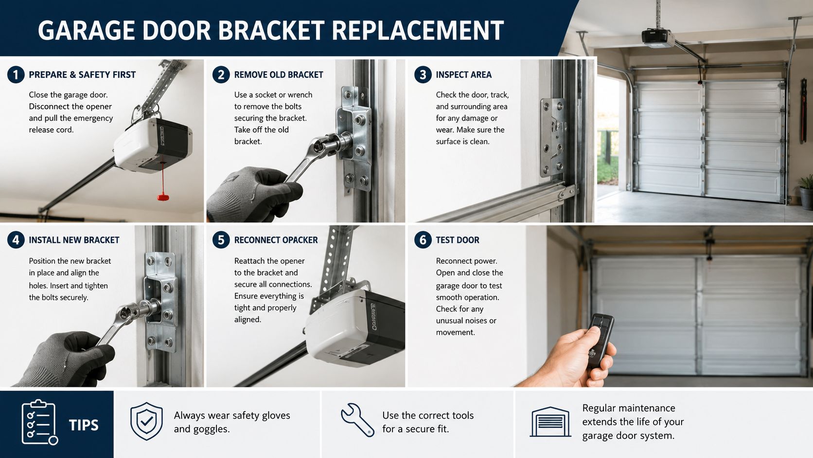 A six-step infographic guide illustrating the process of repairing and replacing a broken garage door bracket.