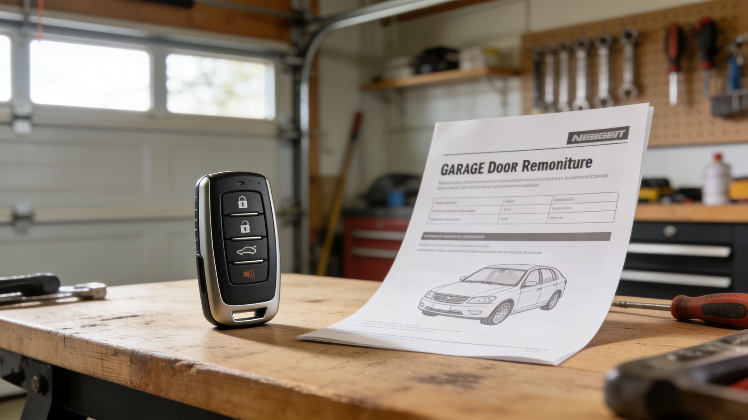 A modern car key fob sits on a wooden workbench next to a garage door instruction manual.