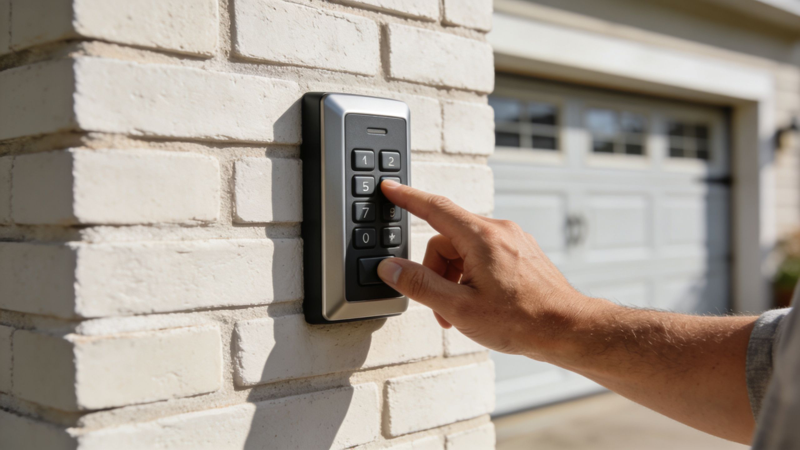 A person entering a secure code on a keypad attached to a brick wall by a garage.