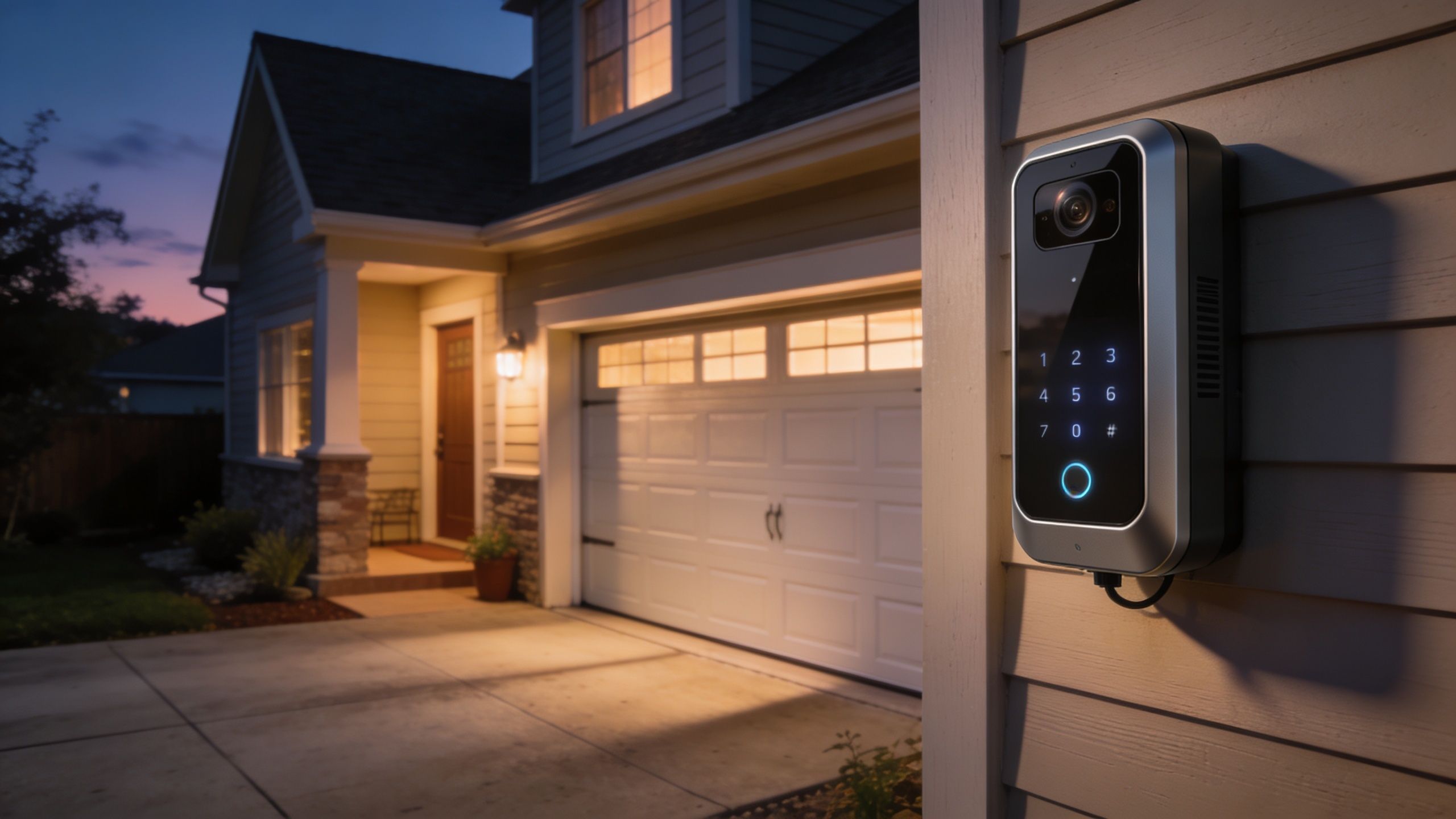 A modern smart doorbell with a keypad installed on the side of a suburban home at dusk.