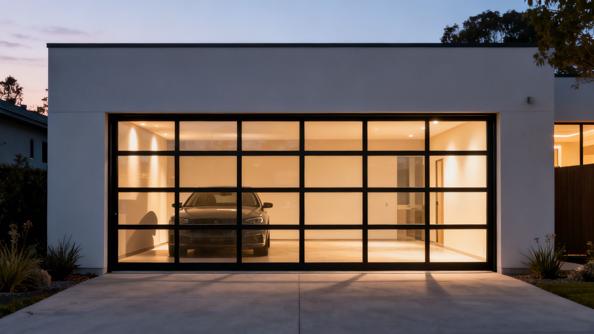 Contemporary home featuring a stylish glass garage door with a car visible inside at dusk.