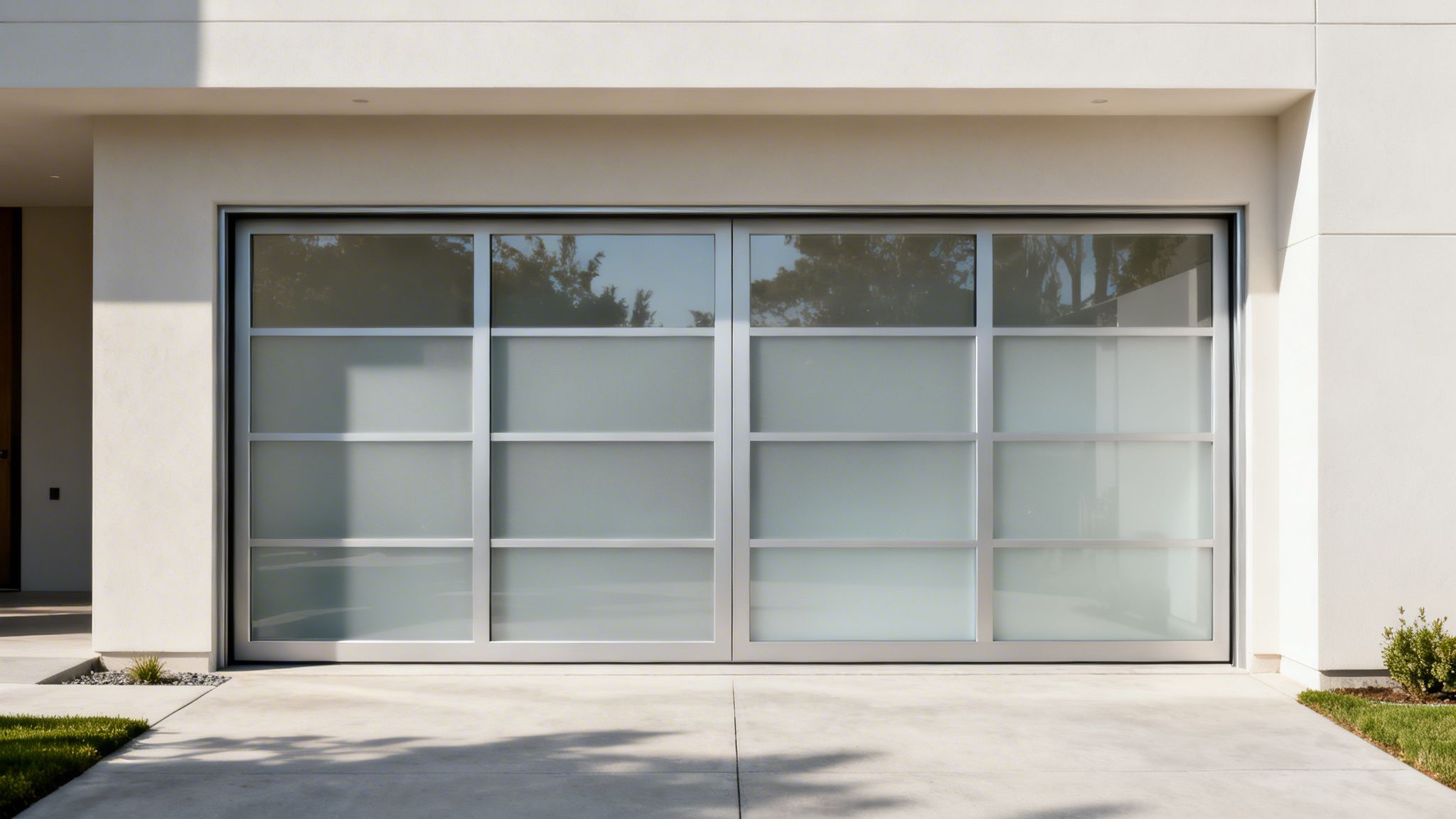 Sleek, modern garage door featuring frosted glass and aluminum frames on a contemporary home.