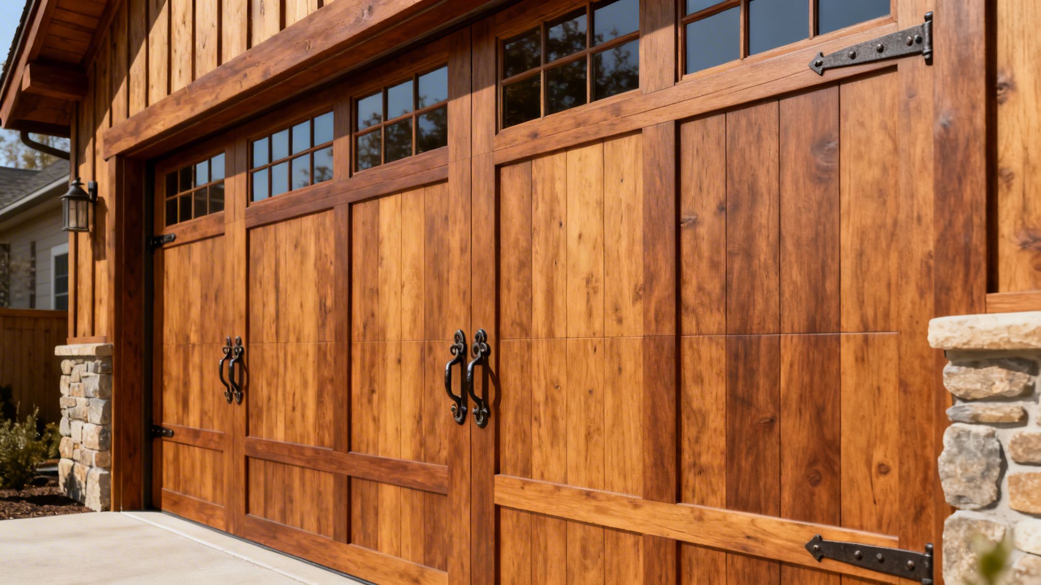 Close-up of a beautiful wooden garage door with windows and decorative black hardware, showcasing rustic design.