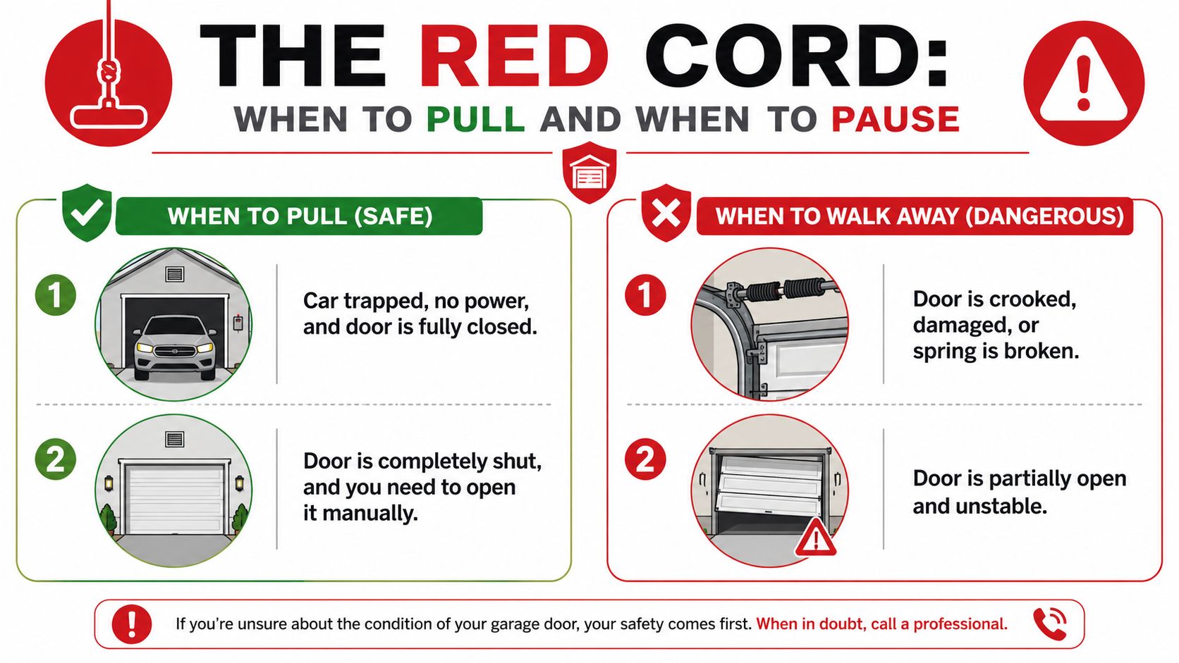 An infographic showing when it is safe or dangerous to pull the red emergency release cord on garage doors.