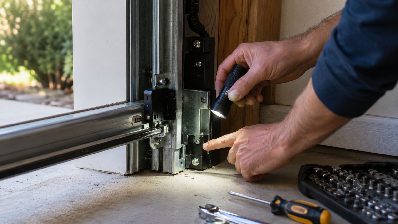 A technician uses a flashlight to inspect the mechanical locking mechanism of a garage door system.