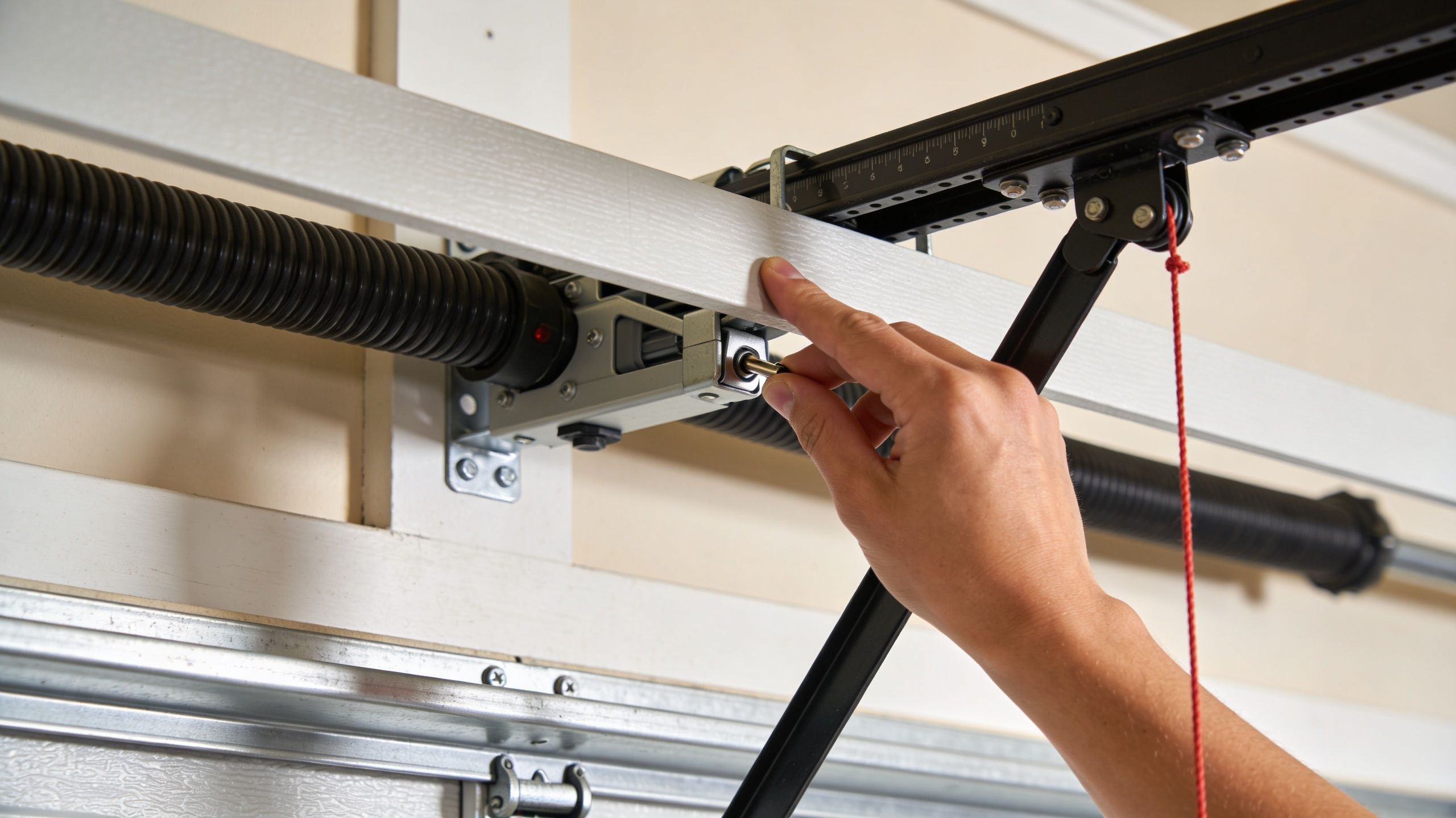 A close-up view of a person hand adjusting the garage door emergency release mechanism near the spring.