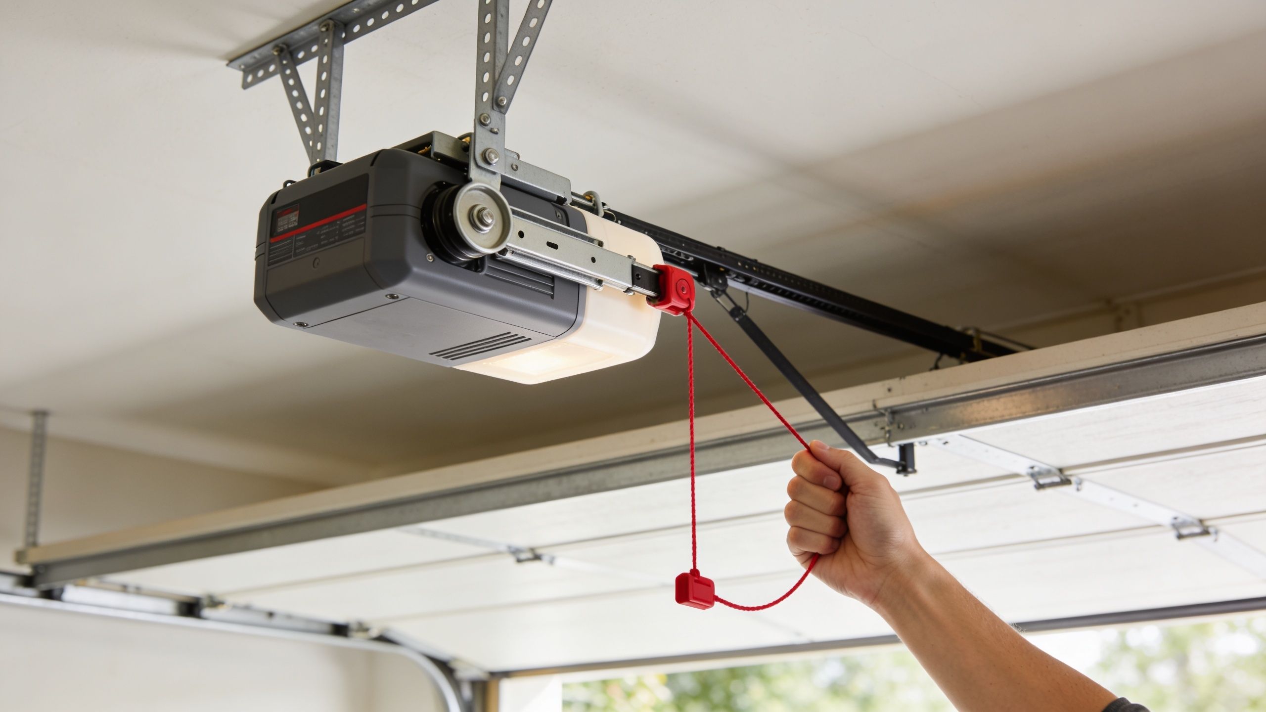 A person pulling the red emergency release cord on a garage door opener motor for manual operation.