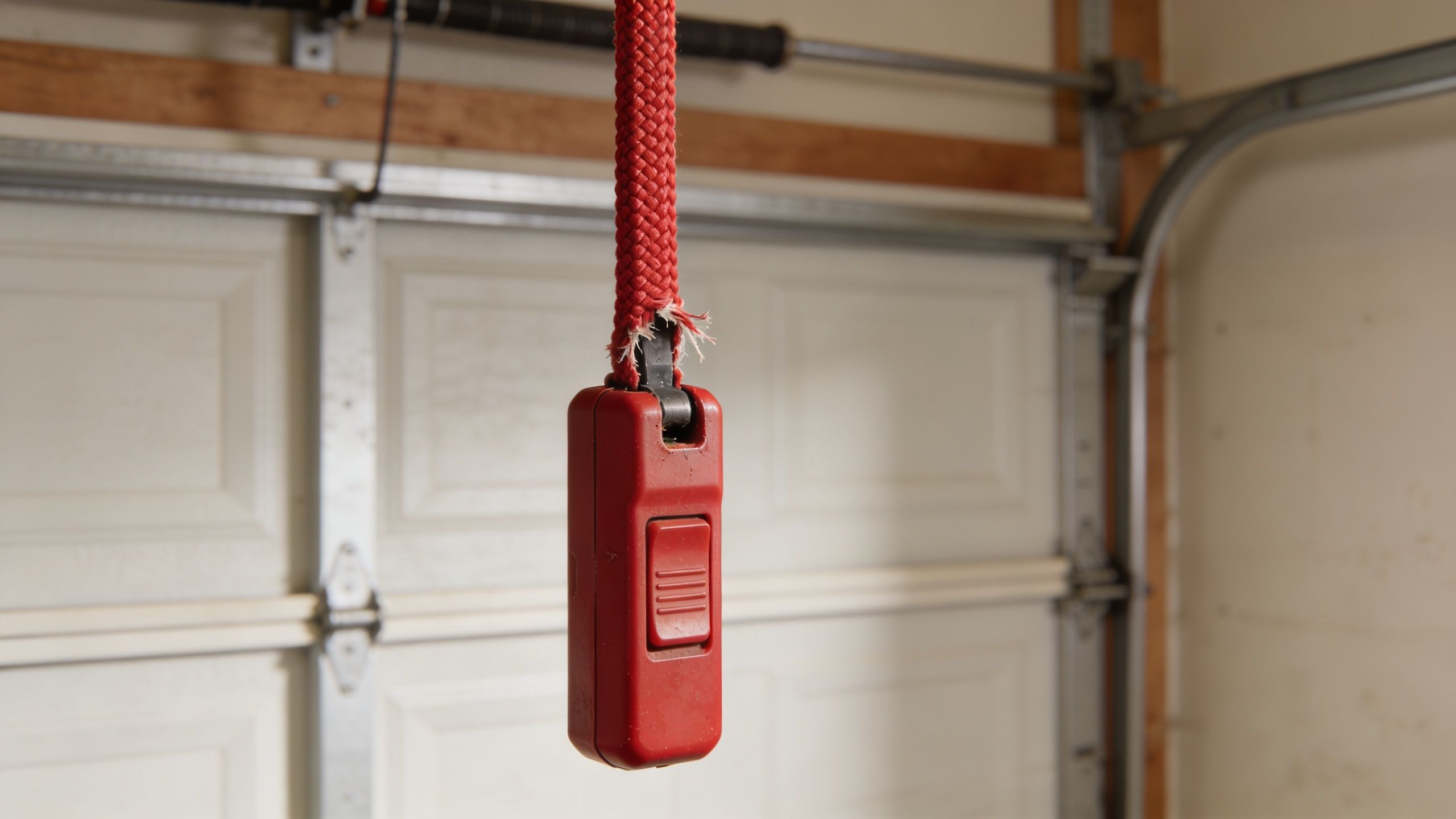 A close up view of a red emergency release handle hanging from a residential garage door system.