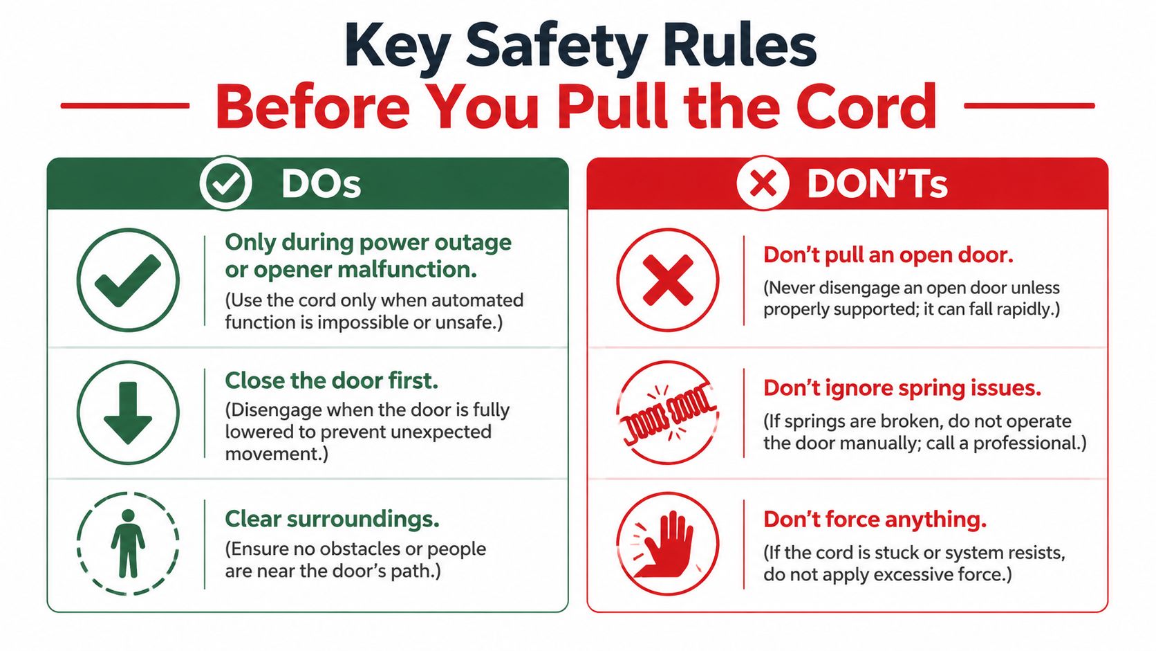 An infographic detailing safety rules for using a garage door emergency release cord in English.
