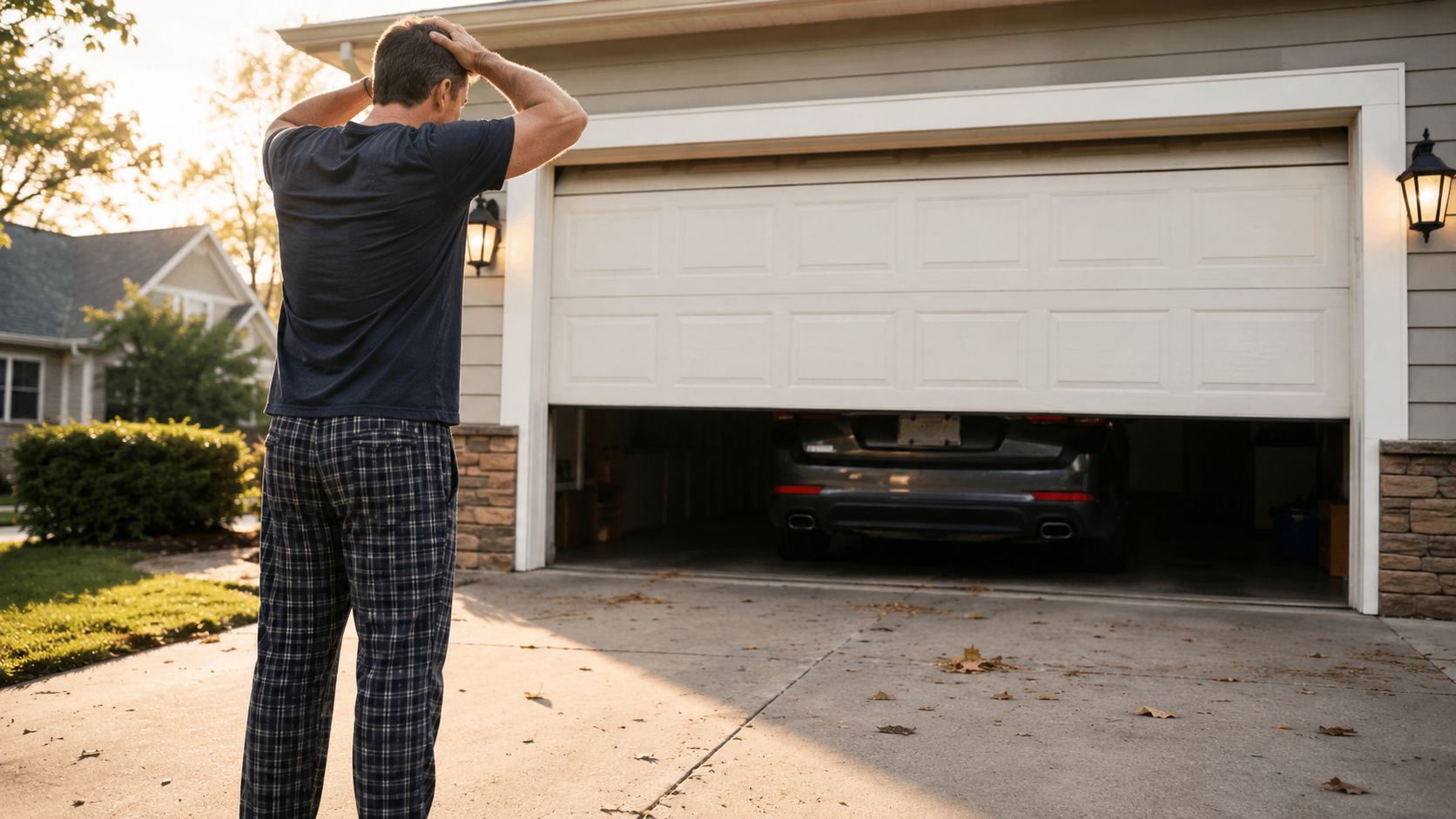 A man in pajamas stands outside his home looking stressed as his garage door is stuck halfway.