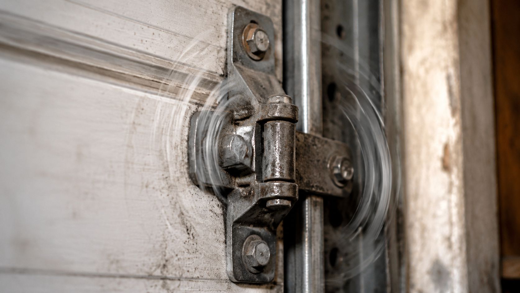 A close-up view of a metal garage door hinge mechanism with a blurred rotating wheel component.