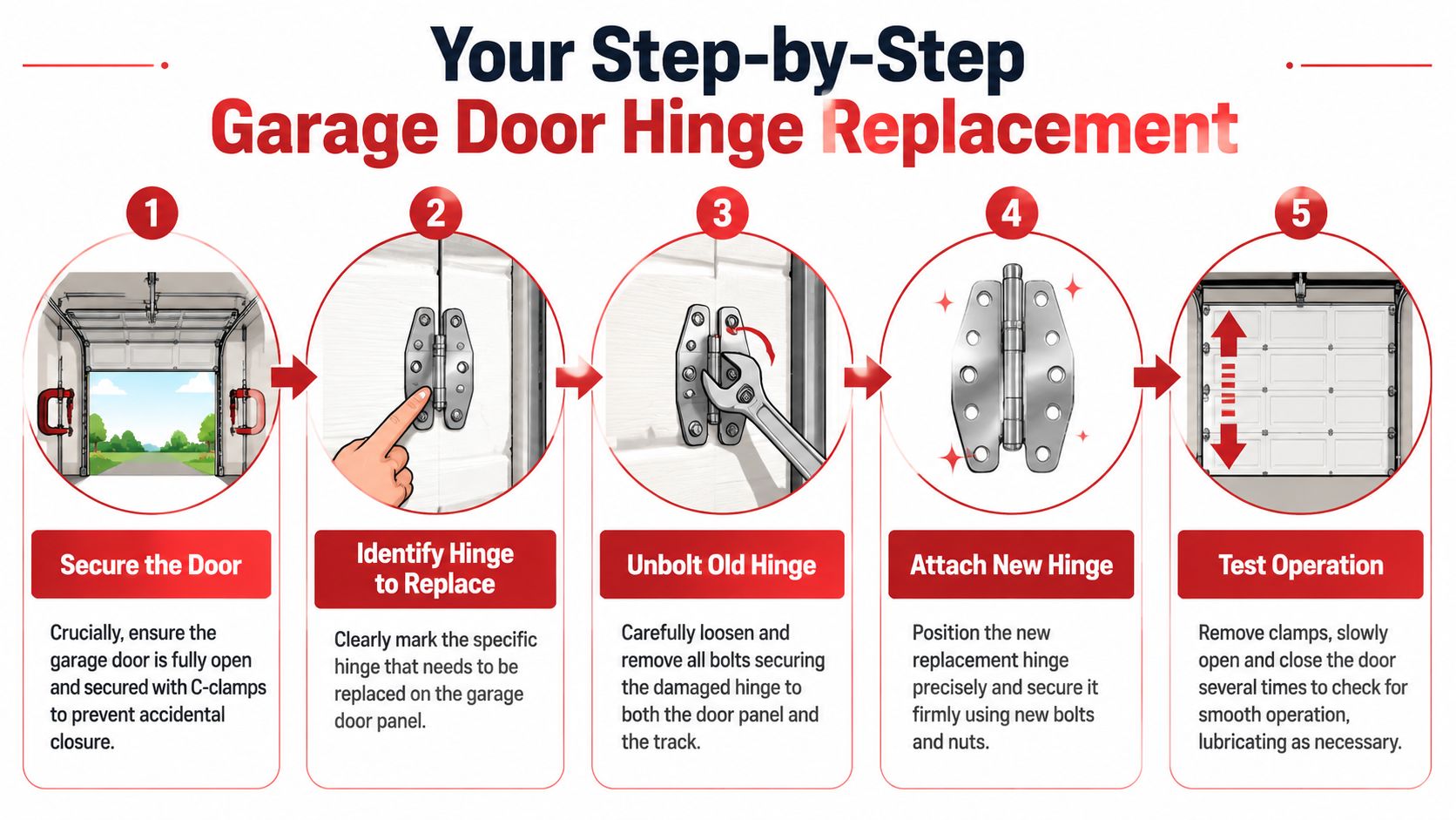 A five-step infographic showing how to safely replace a damaged garage door hinge at home.