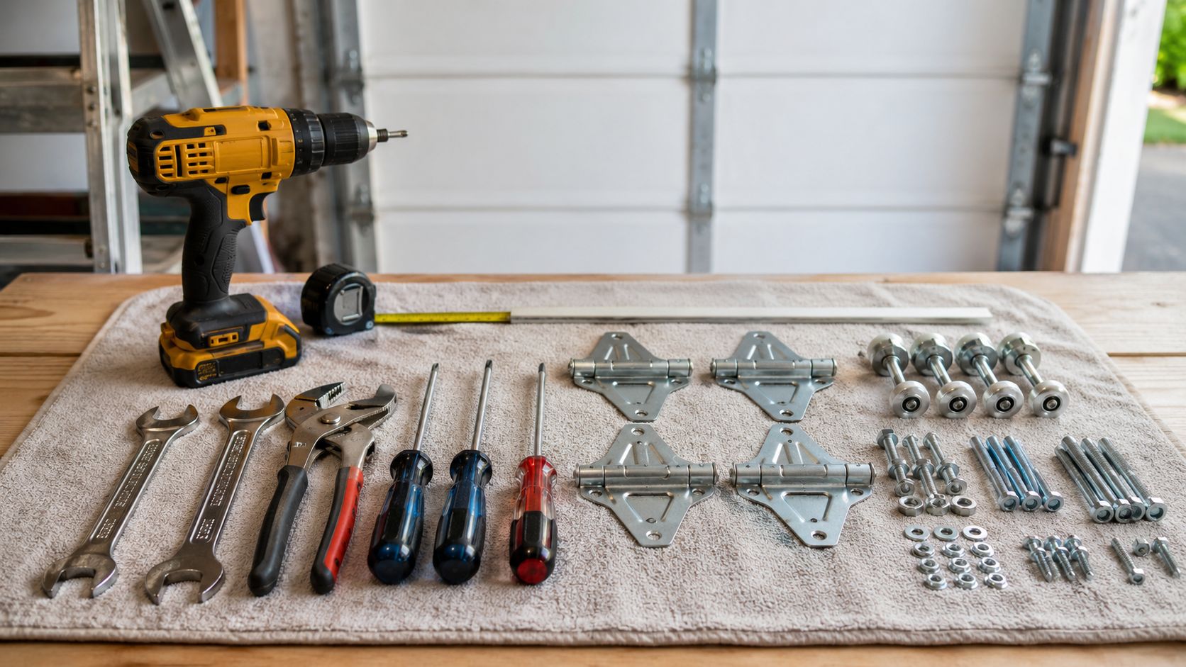 An array of garage door repair tools, metal hinges, and hardware laid out on a workshop towel.