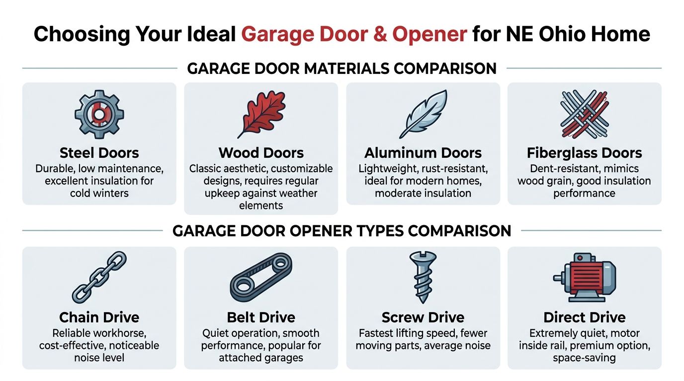 An infographic comparing different garage door materials and opener types for homes in Northeast Ohio.
