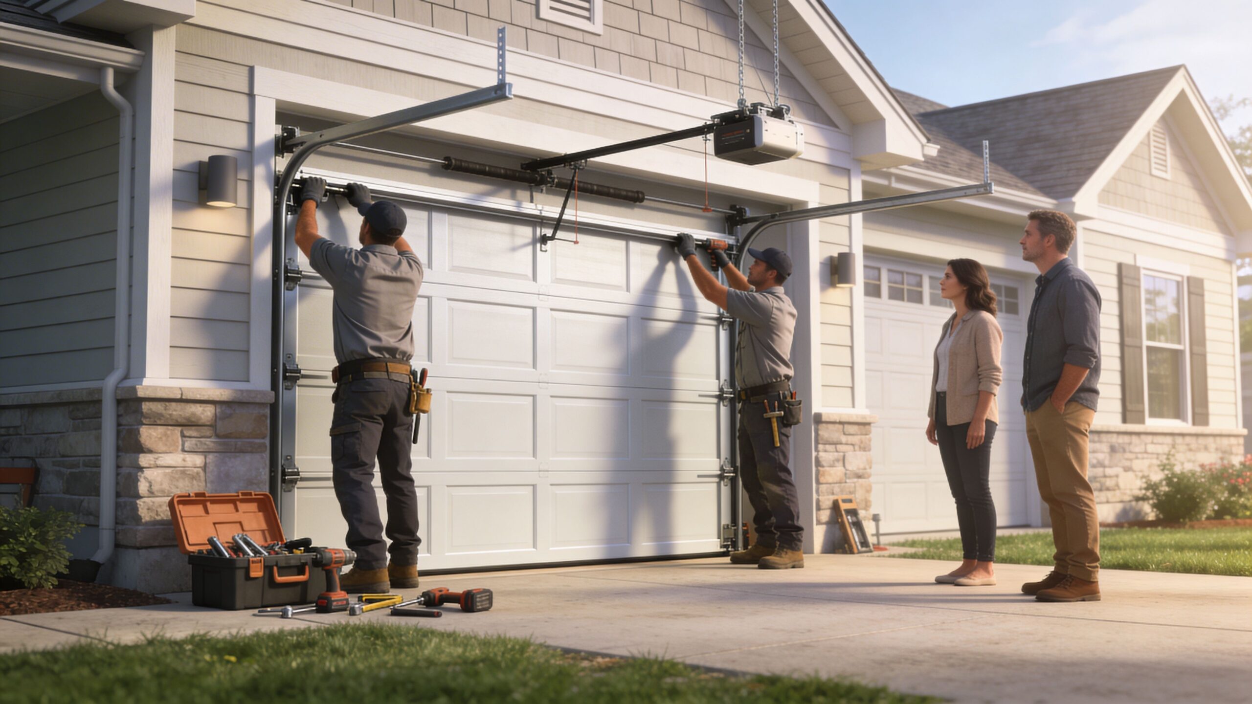 Two professional technicians installing a modern residential garage door while homeowners observe the process outside a suburban house.