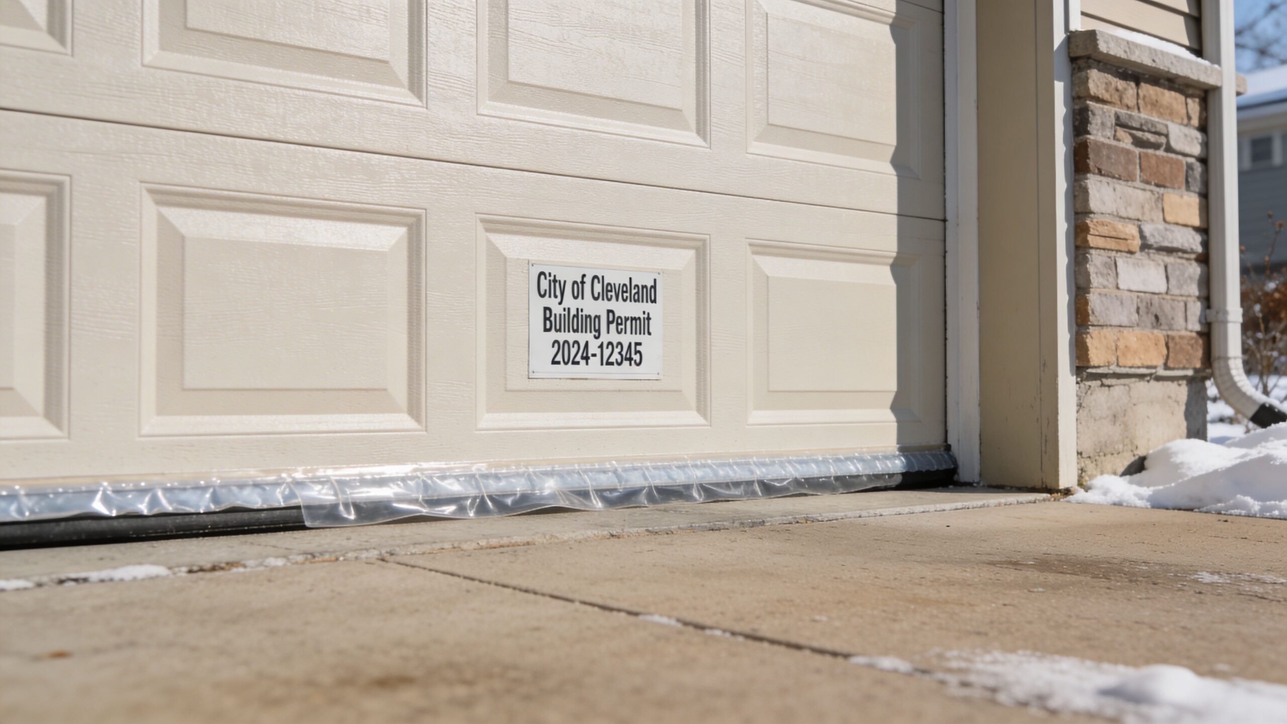 A City of Cleveland building permit is posted on a residential garage door during winter installation.
