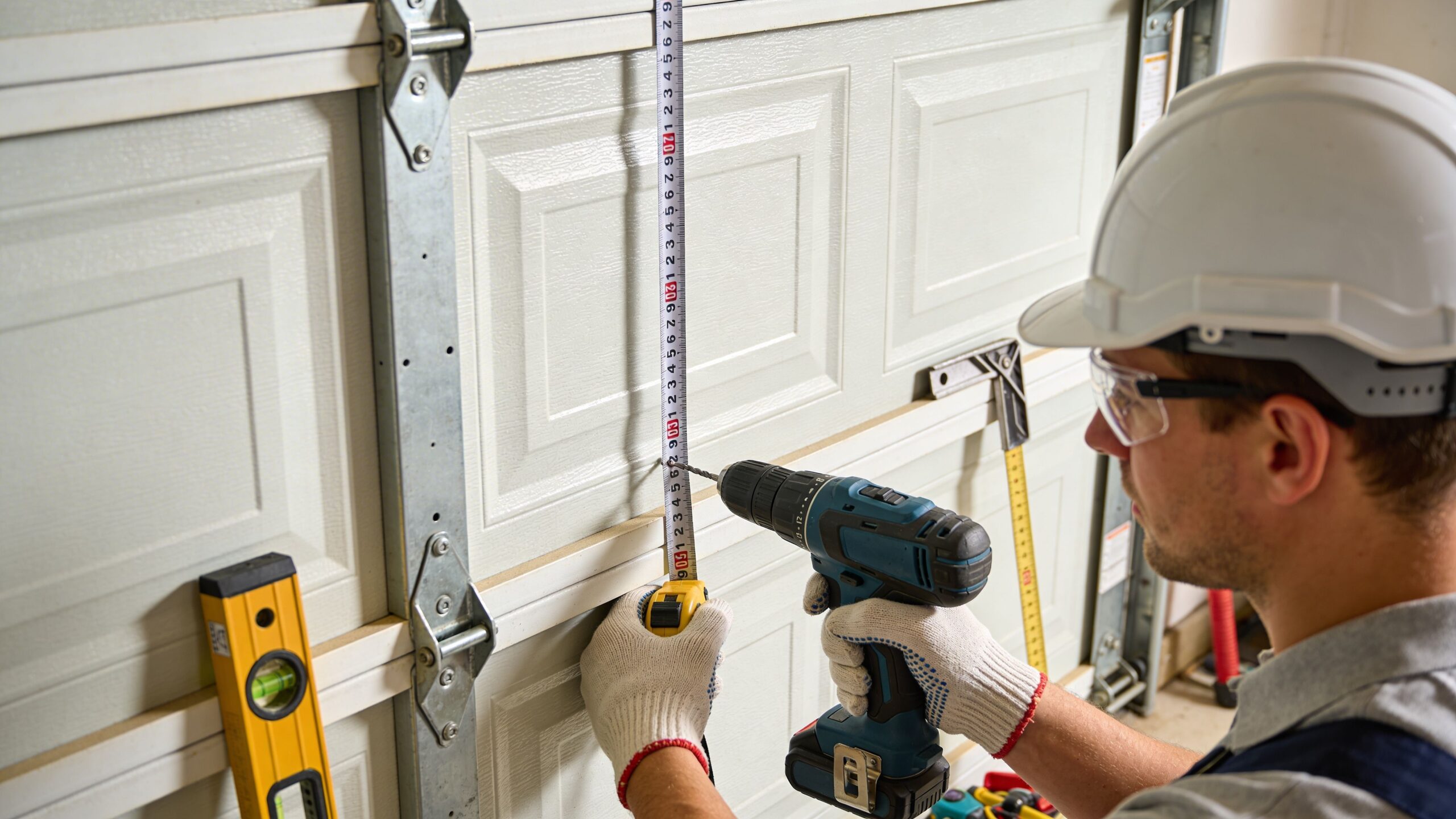 A professional construction worker installing a garage door with a drill and measuring tape.