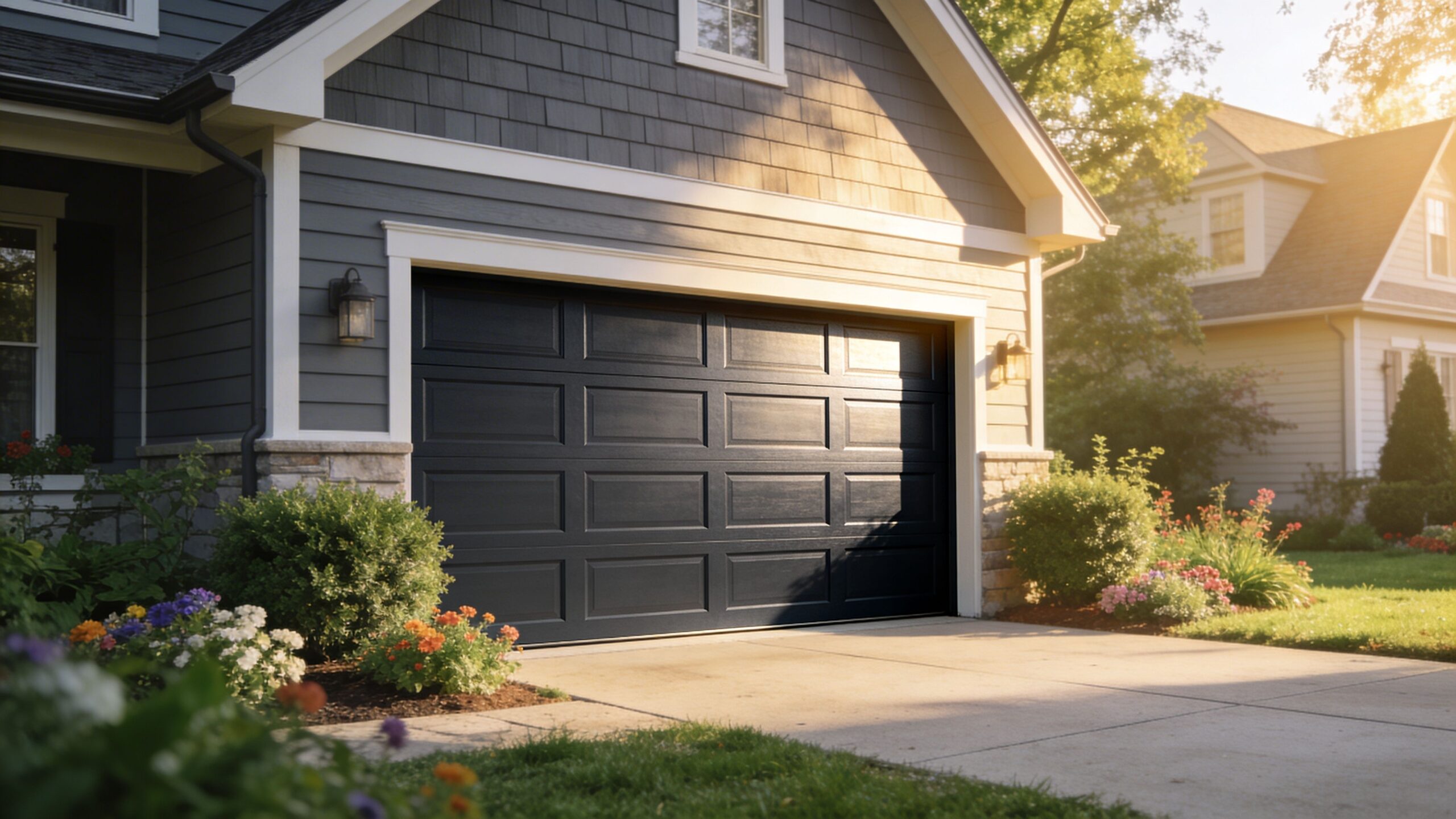 A modern dark blue garage door installed on the exterior of a suburban residential family home.