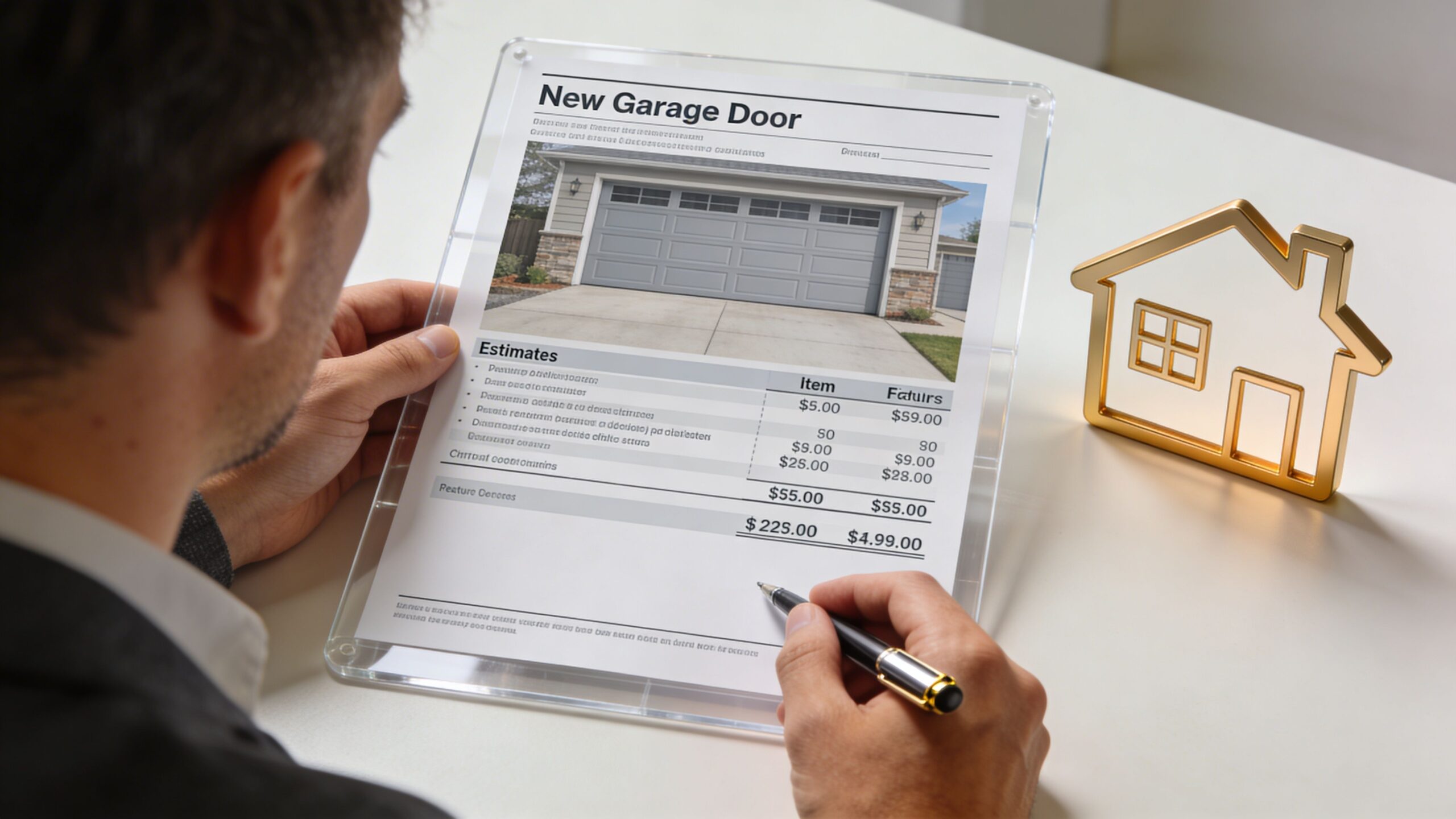 A man reviewing a garage door installation estimate on a document next to a small house model.