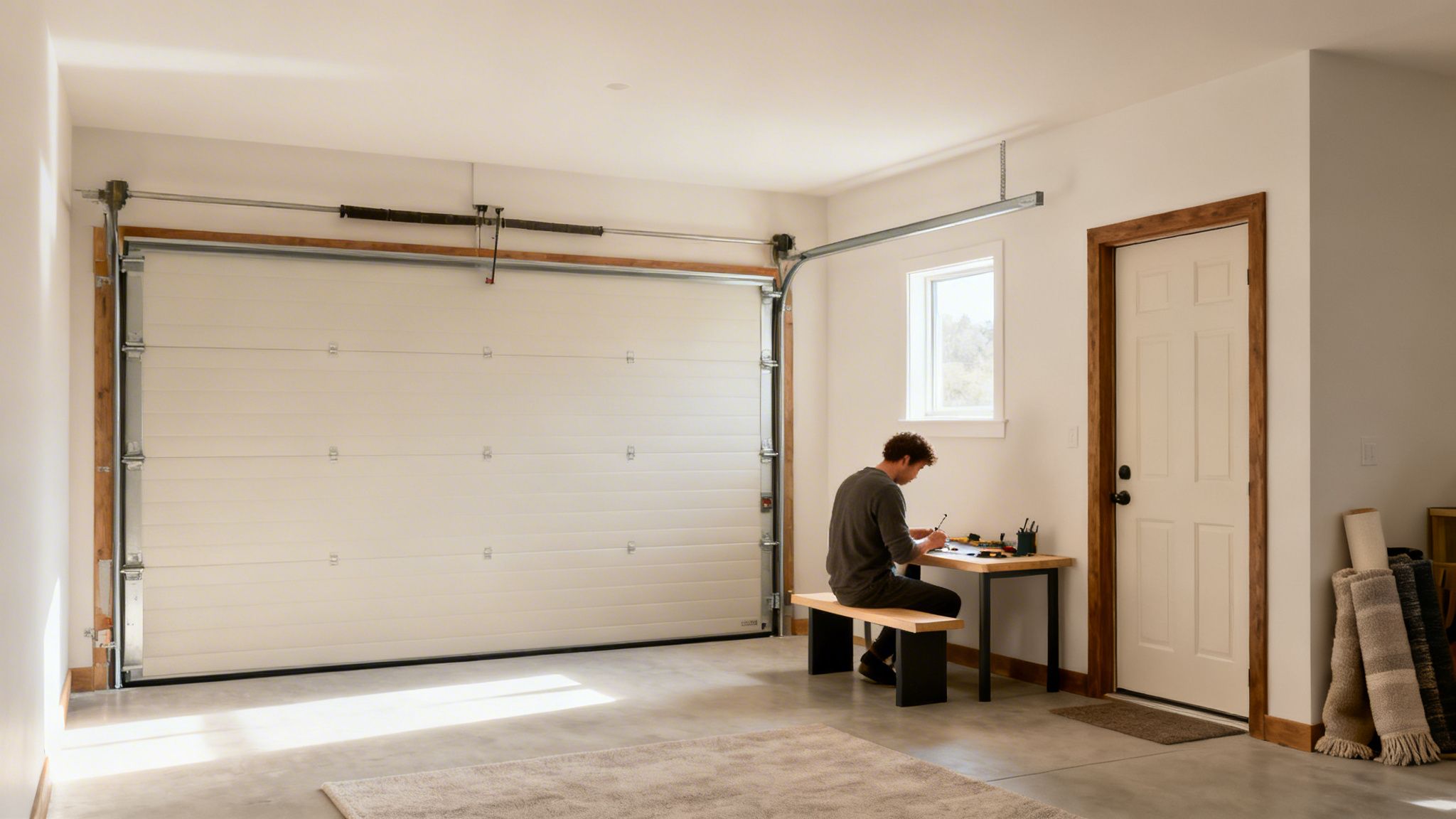 A man sits at a small wooden desk working inside a garage with a large door.
