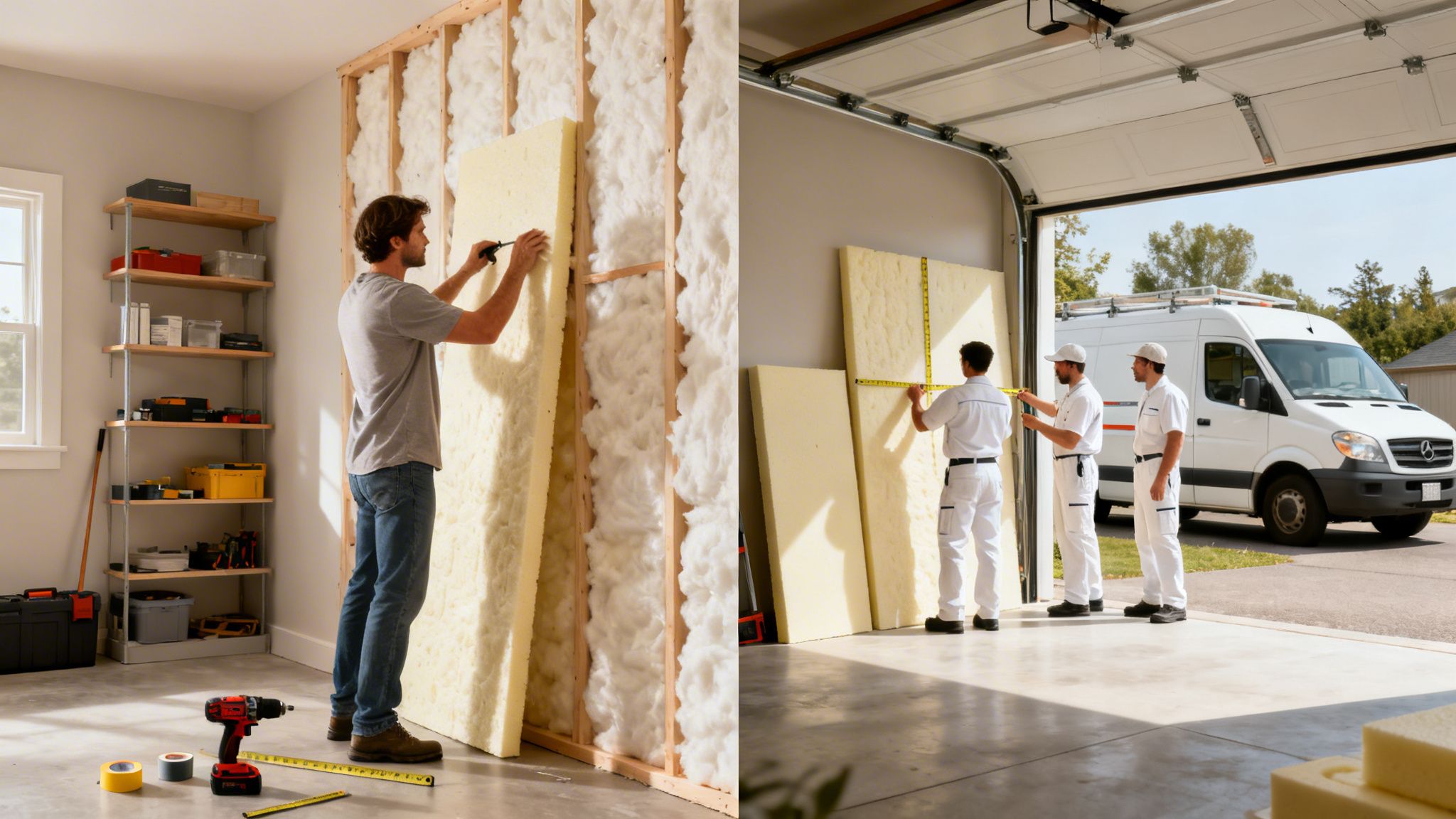 A split-screen view showing a DIY homeowner and professional workers installing insulation panels in a garage.