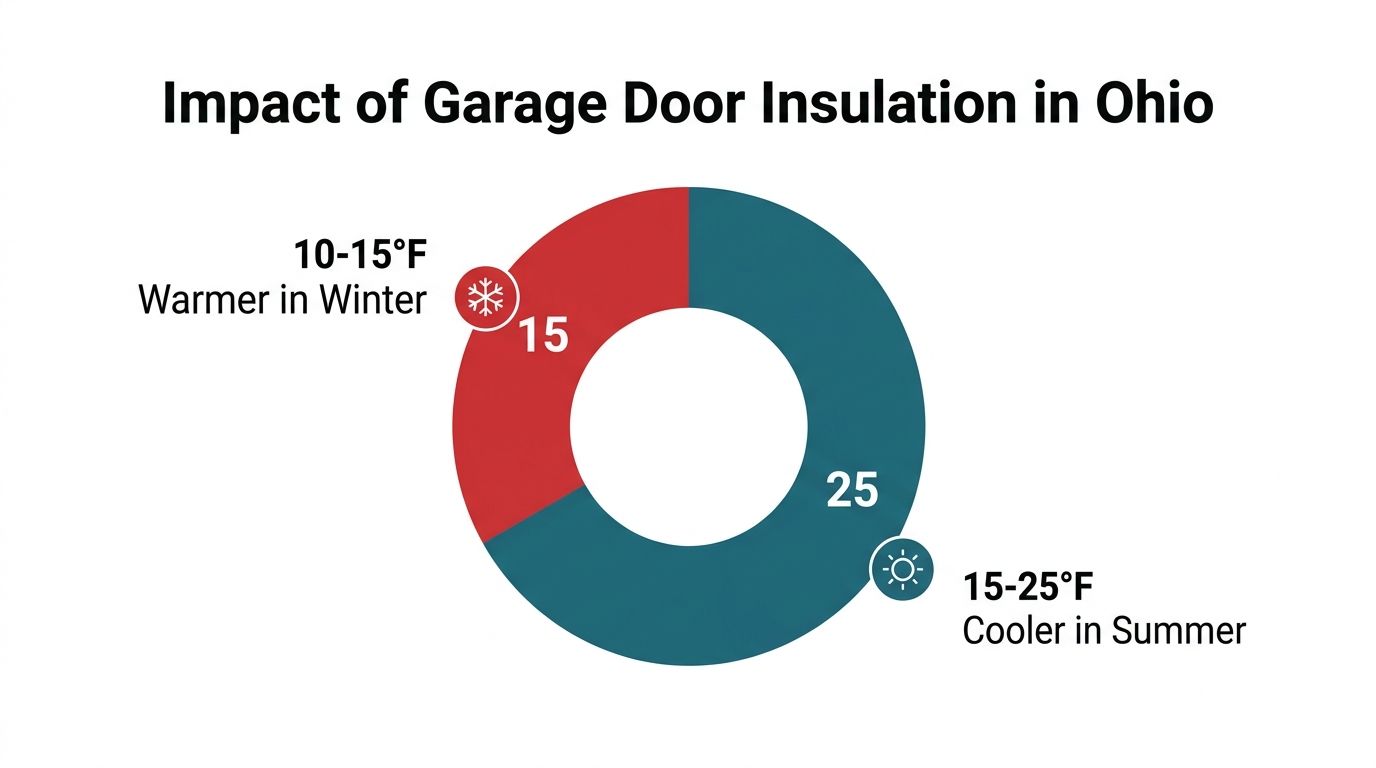 A doughnut chart illustrating the temperature benefits of insulating garage doors in Ohio during different seasons.