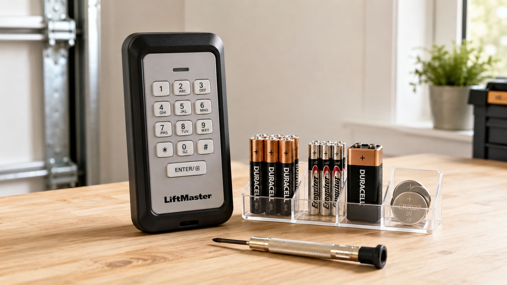 A LiftMaster garage door keypad sits on a wooden table alongside various batteries and a small screwdriver.