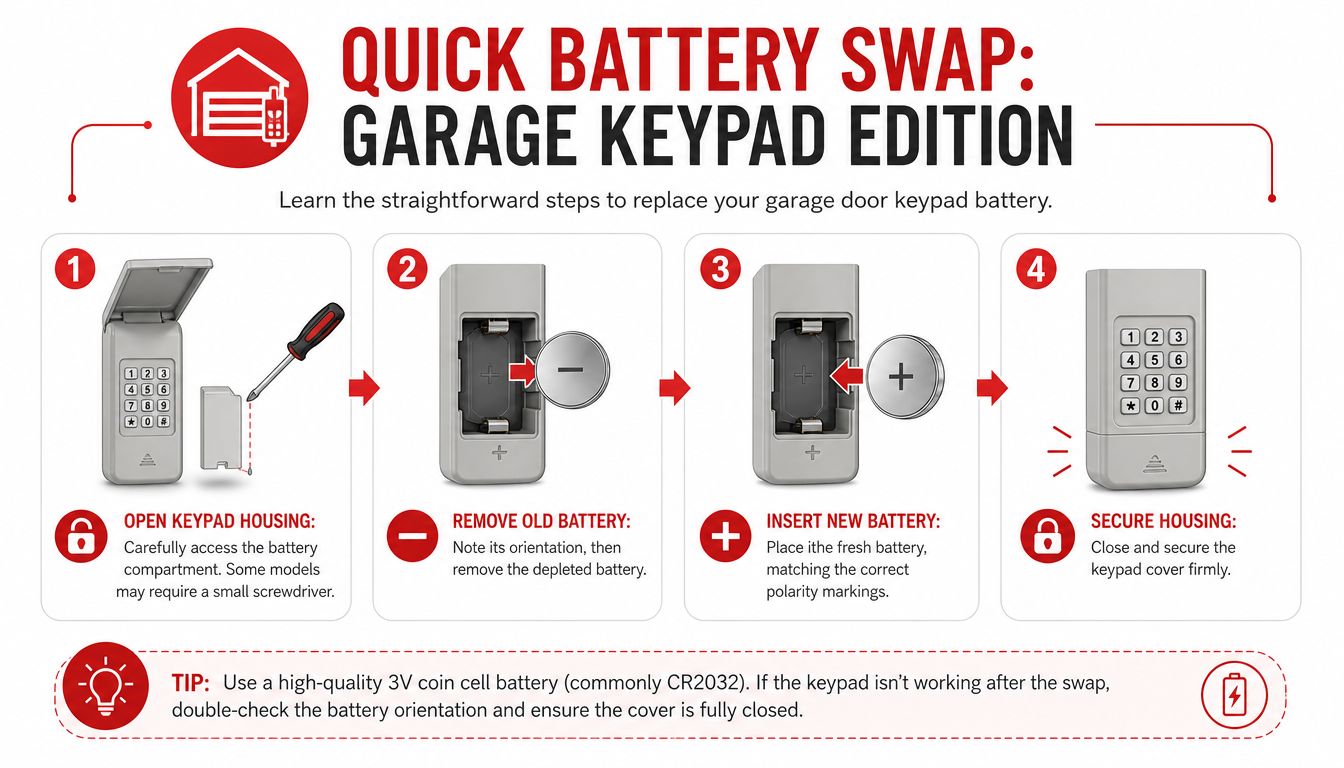 An infographic showing four simple steps to replace a battery in a garage door keypad.