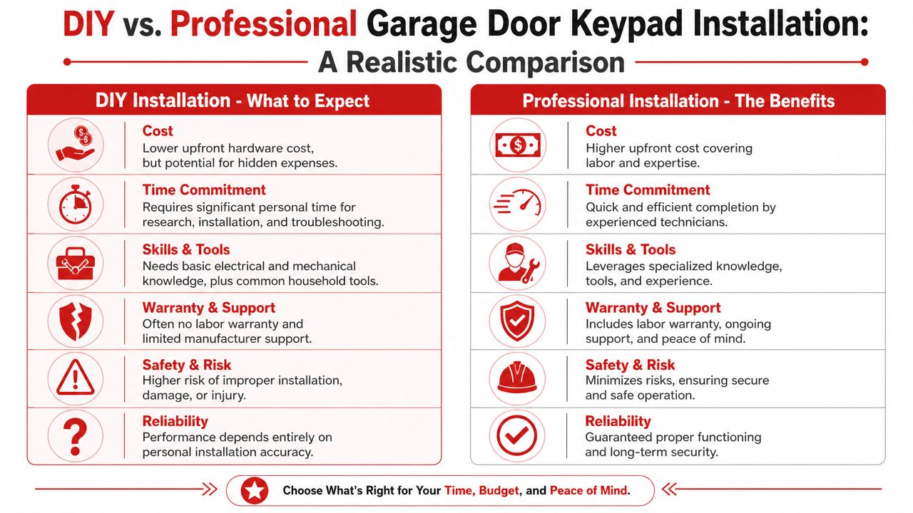 A comparison chart outlining the pros and cons of DIY versus professional garage door keypad installation services.