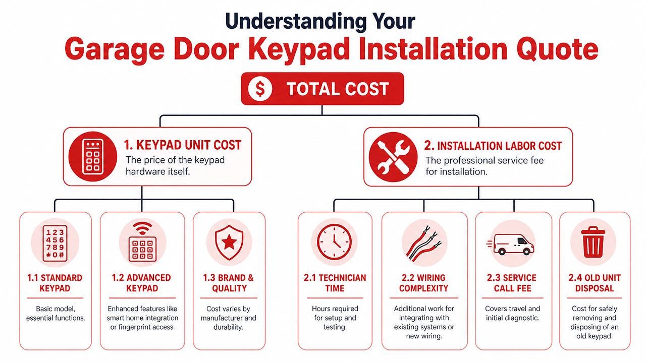 An infographic showing the breakdown of costs involved in a professional garage door keypad installation project.