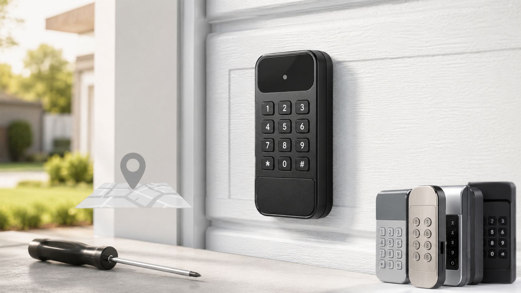 A black garage door keypad mounted on a white wall next to a screwdriver and other keypads.