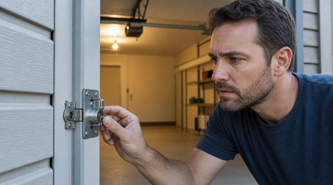 A focused man examining the locking mechanism on the side of a garage door.