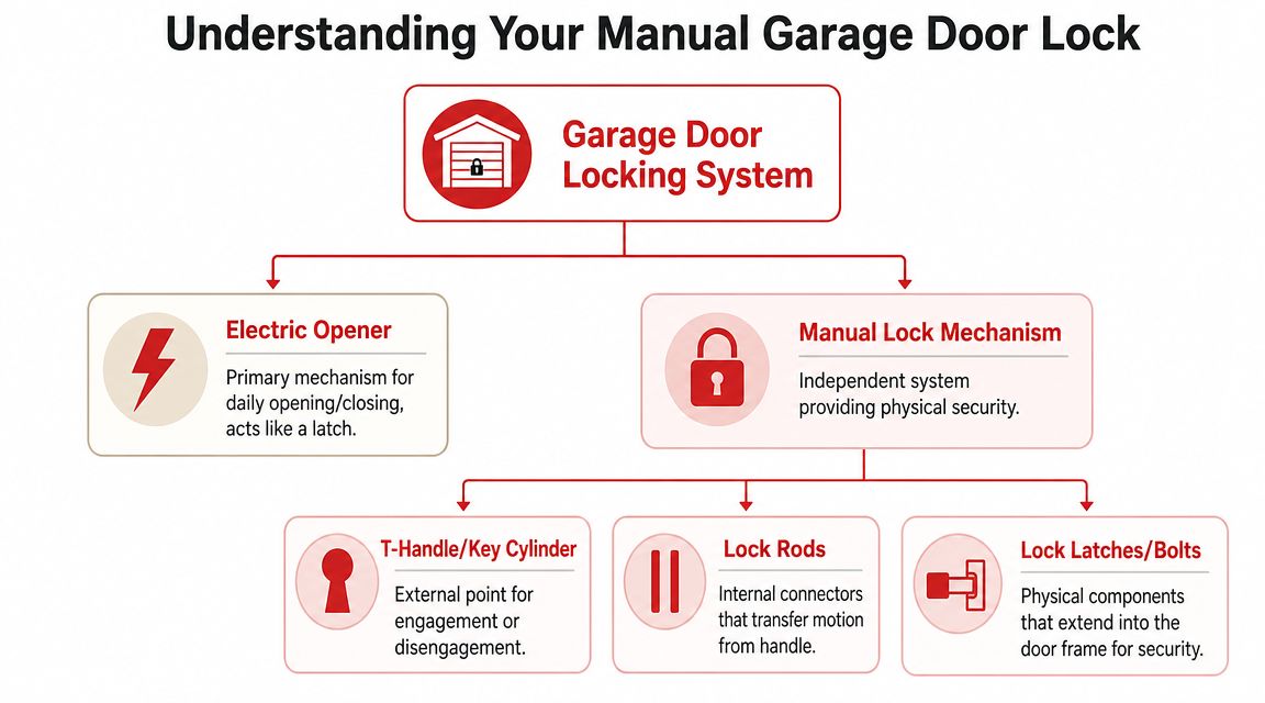 A flowchart diagram explaining the components and functions of a manual garage door locking system.