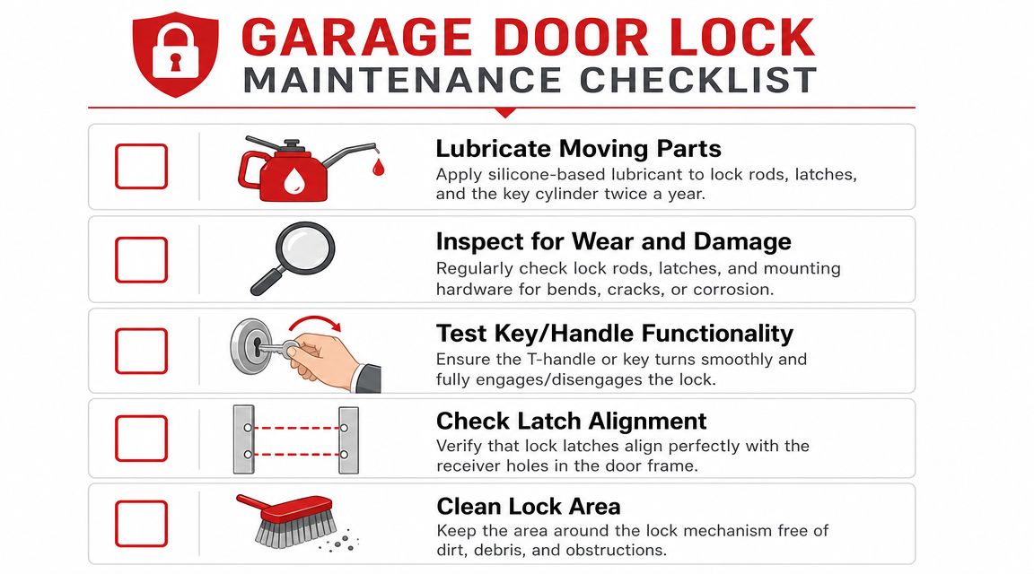 A maintenance checklist graphic for garage door locks with five essential steps illustrated with icons.
