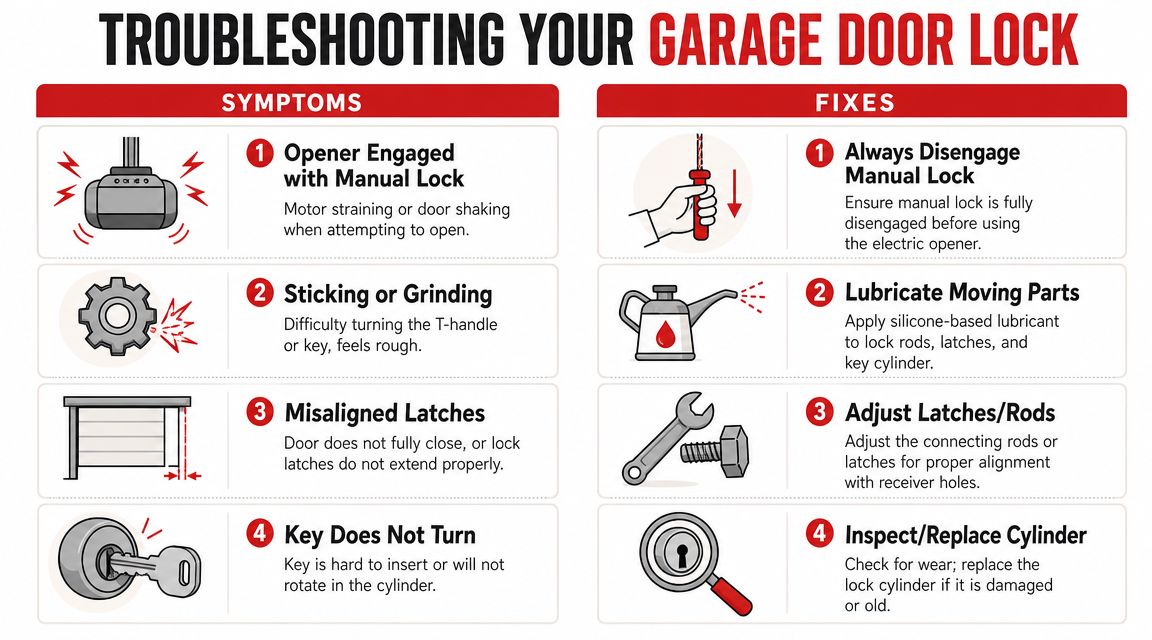 An infographic showing common garage door lock problems with their corresponding troubleshooting and repair solutions.