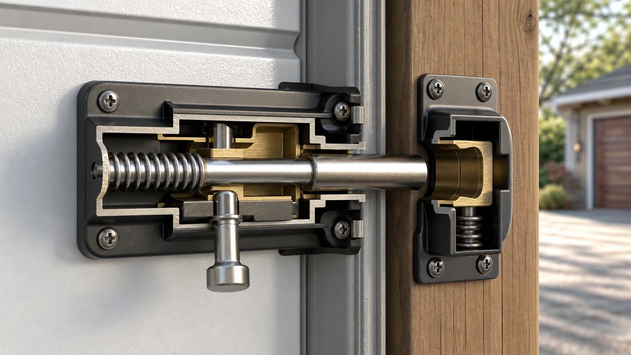 A close-up cross-section view of a metal spring-loaded barrel bolt locking mechanism on a garage door.