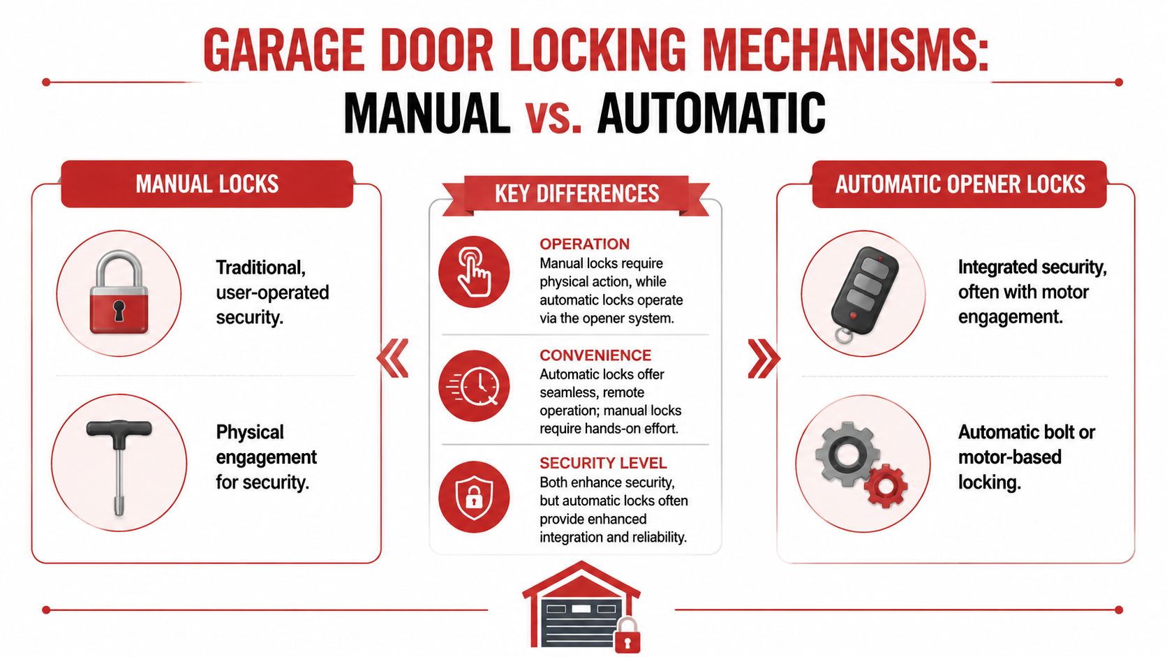 An infographic comparing manual and automatic garage door locking mechanisms through a side-by-side comparison table.