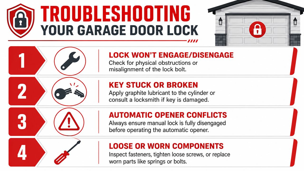 A troubleshooting guide for garage door locks with four tips for common mechanical issues and solutions.