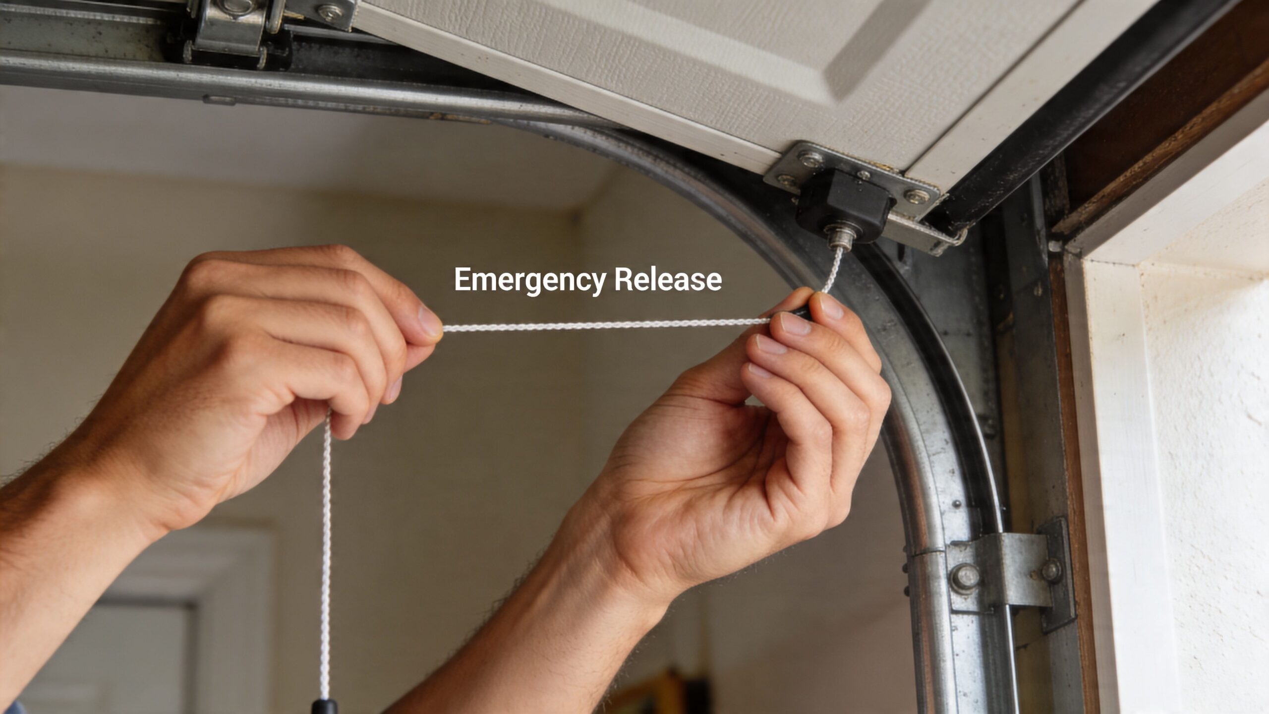 A person pulling the red emergency release cord on a garage door for manual operation.