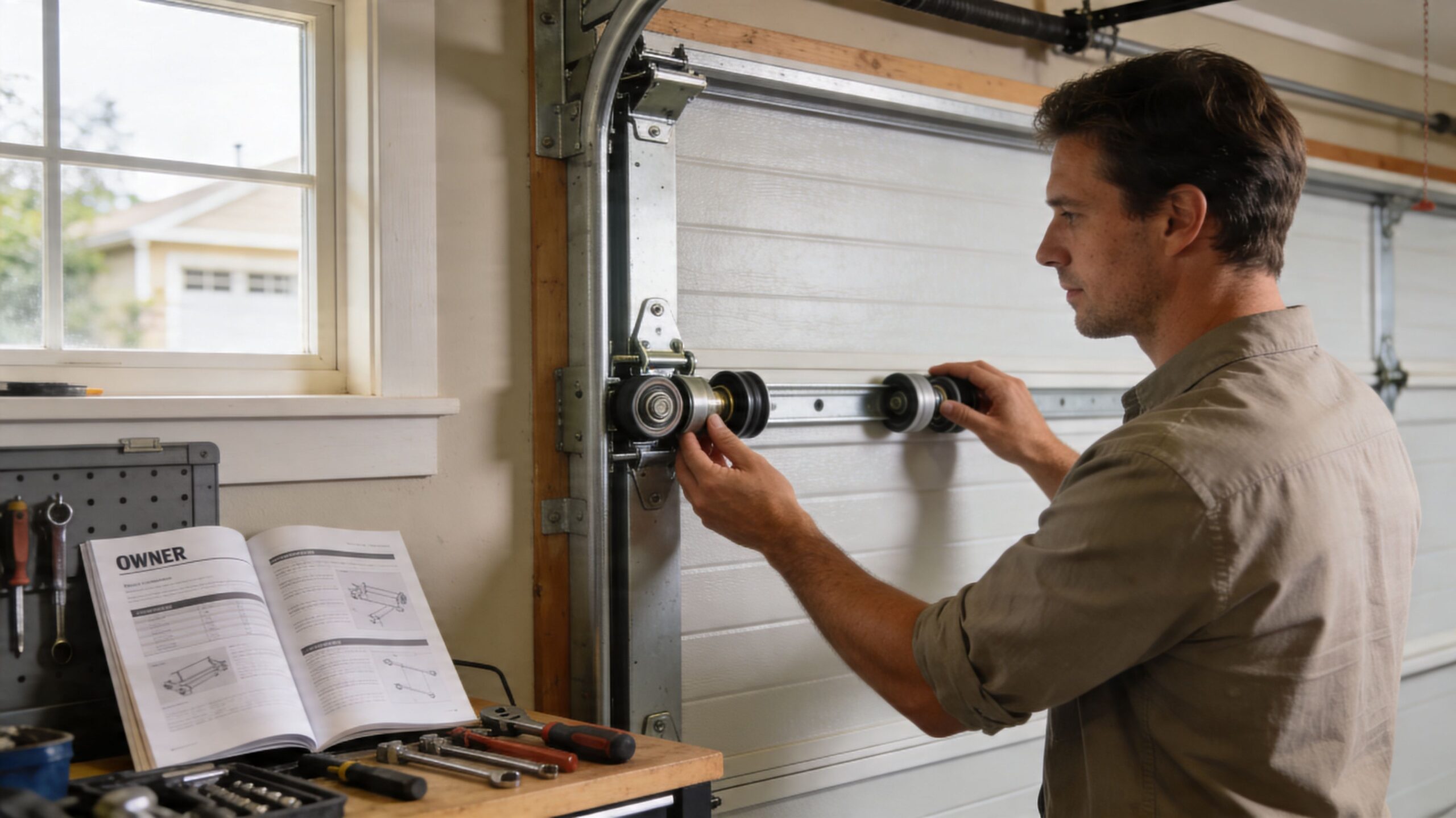 A man carefully inspecting and repairing the roller assembly on a white metal garage door.
