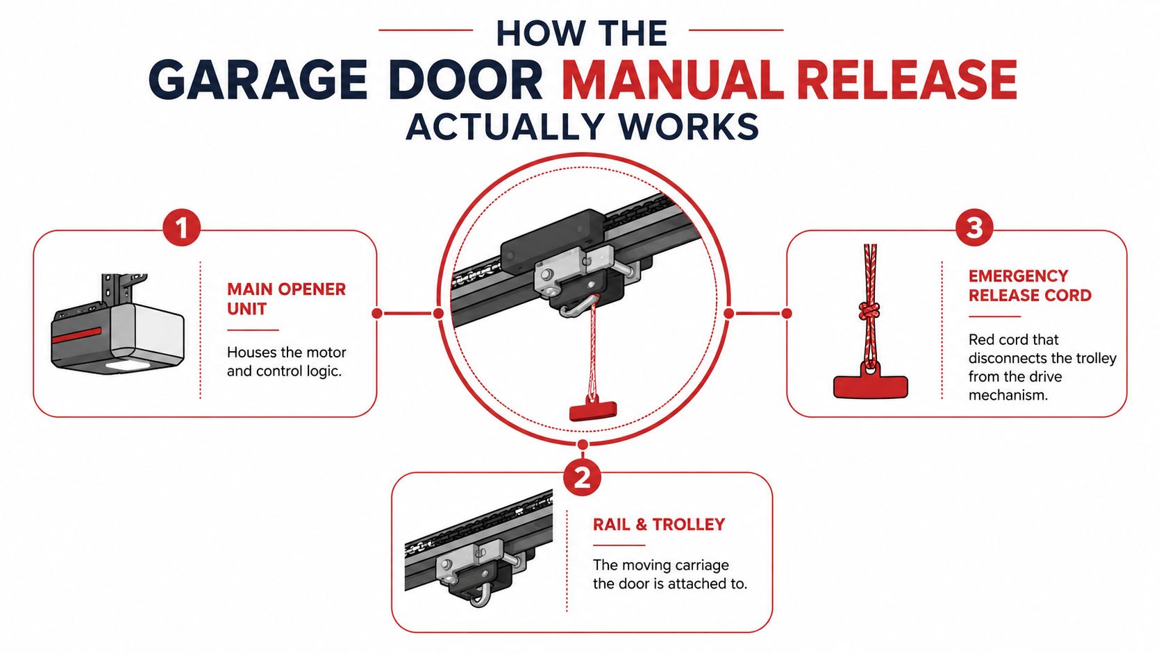 An infographic showing the three main components of a garage door manual release mechanism.