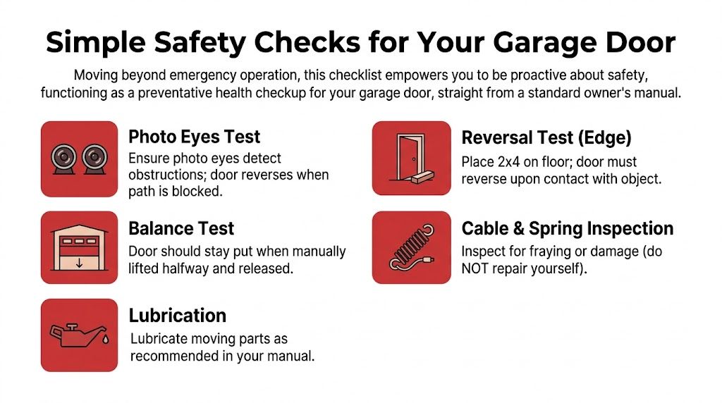 A checklist infographic outlining five essential safety maintenance tasks for your garage door system.