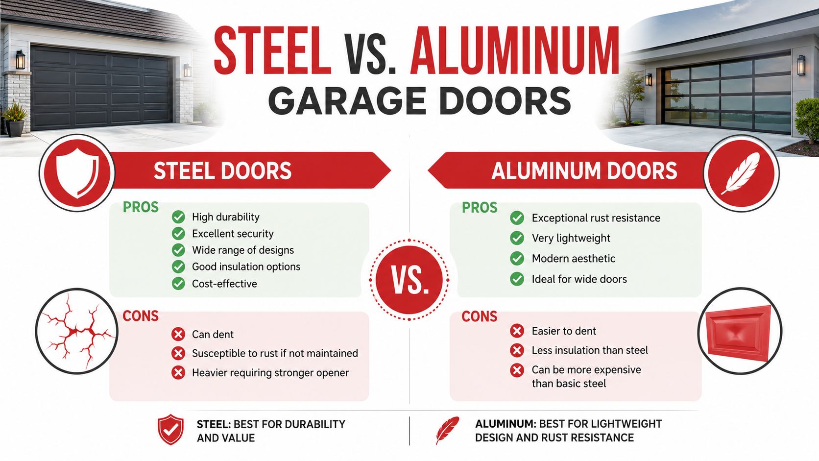 A comparison infographic detailing the pros and cons of steel versus aluminum garage door materials.