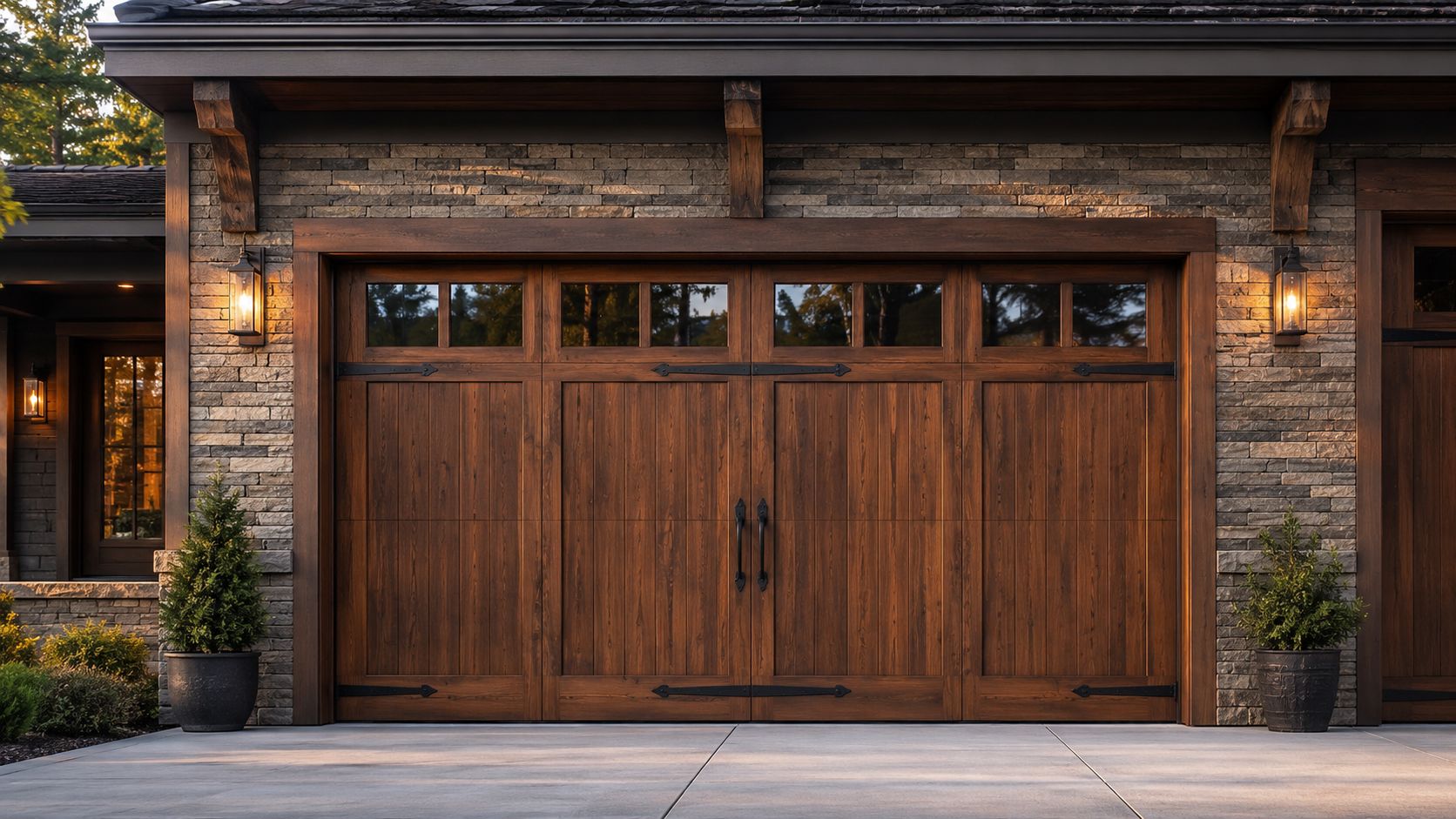 A rustic wooden garage door with windows and black hardware on a stone facade house exterior.