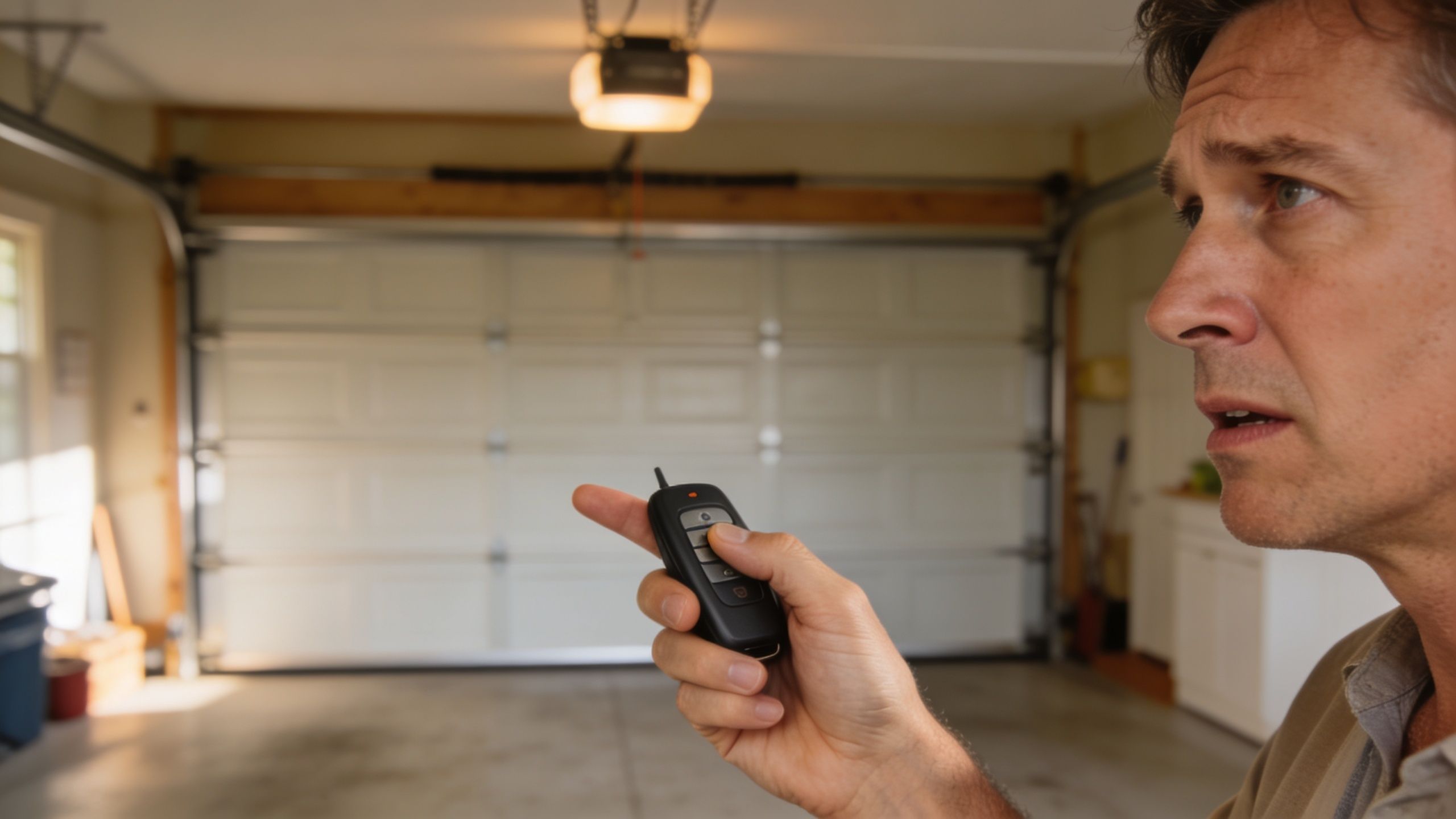 A concerned man points a remote control at a closed garage door in a bright garage space.