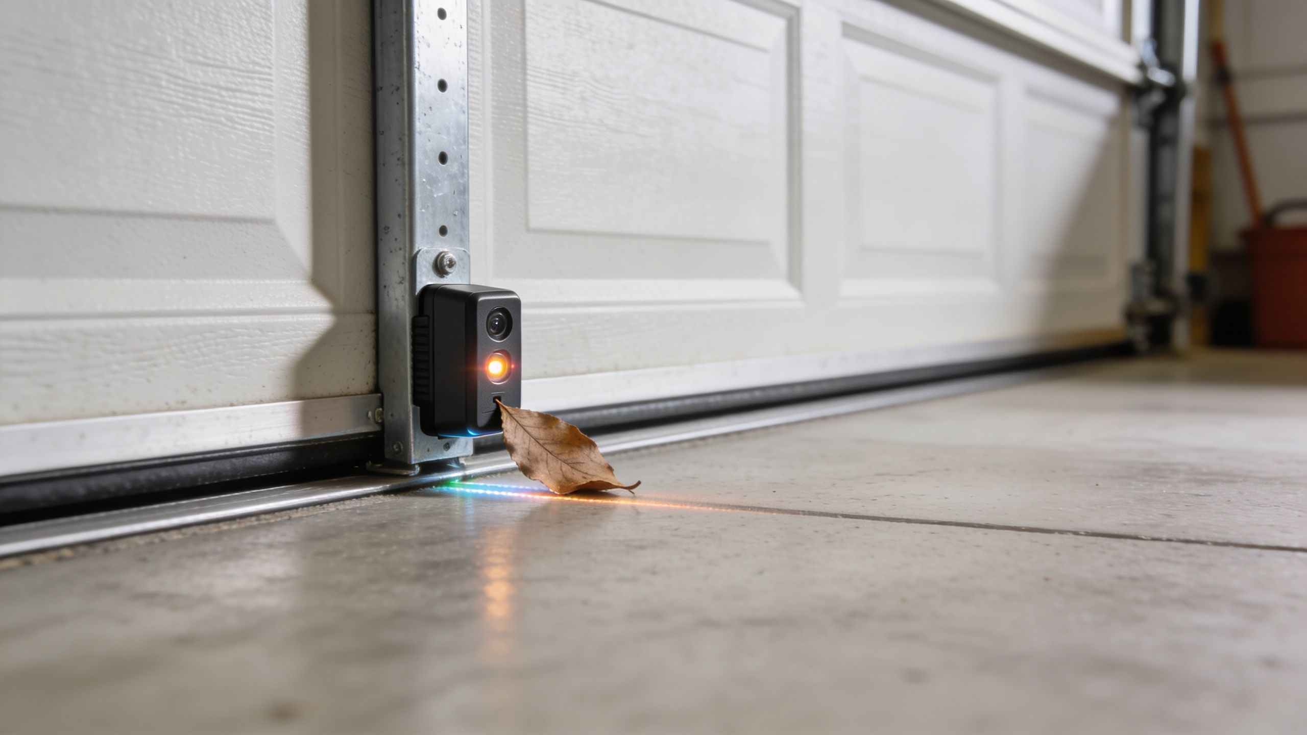 A dry brown leaf blocking the safety sensor beam of an automatic garage door mechanism.