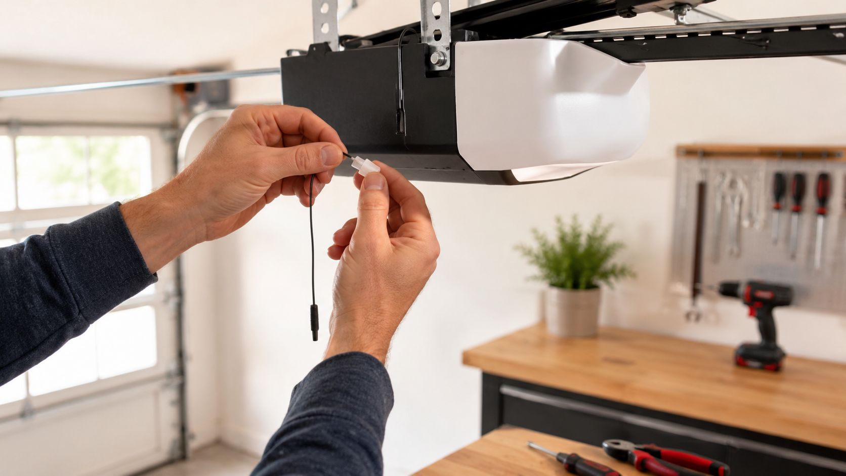 A person installs a garage door opener antenna onto the motor unit in a residential garage setting.