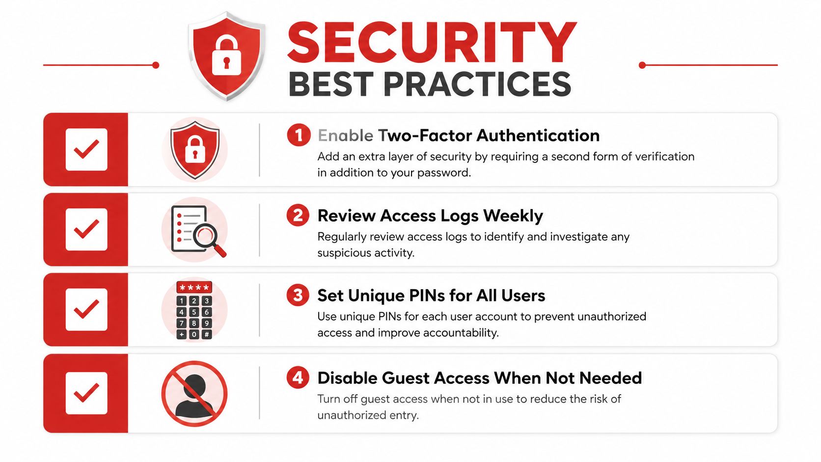A security infographic outlining four best practices including two-factor authentication, reviewing logs, unique PINs, and disabling guest access.