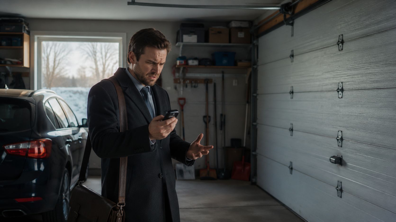 A man in a business coat looks frustrated while checking his garage door remote inside a garage.